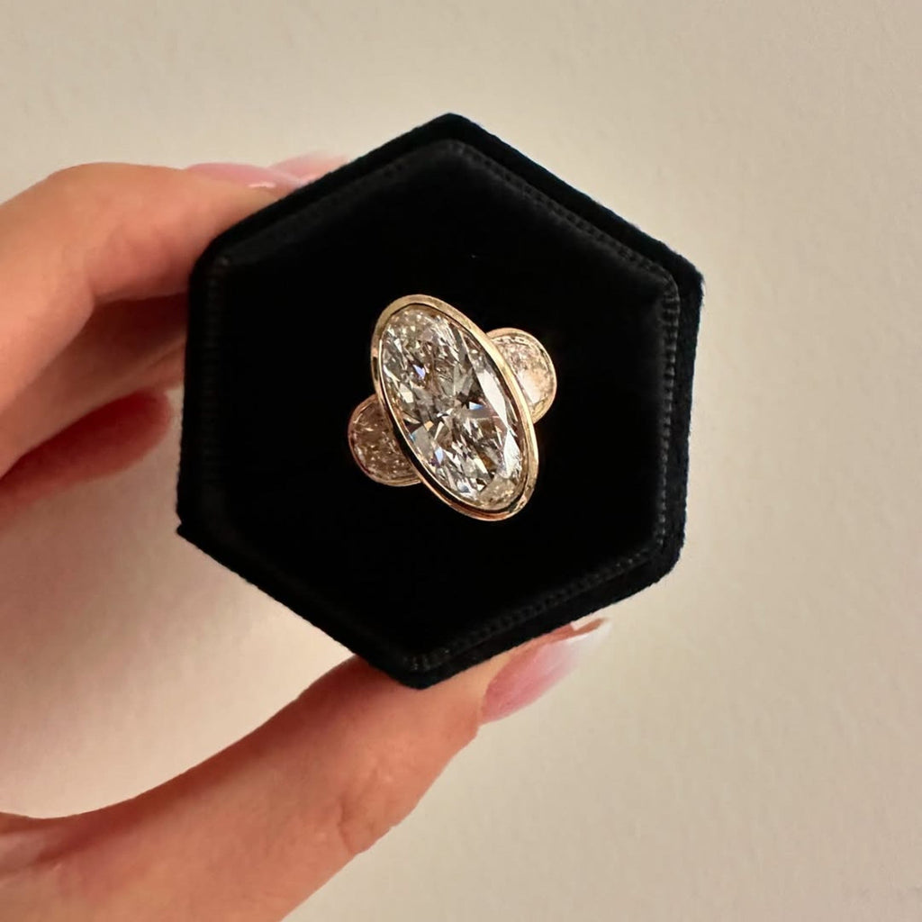 Bezel Set Elongated Oval Cut Engagement Ring Three Stone  Oval Moissanite Ring  Past Present Future Ring Wedding Rings For Her