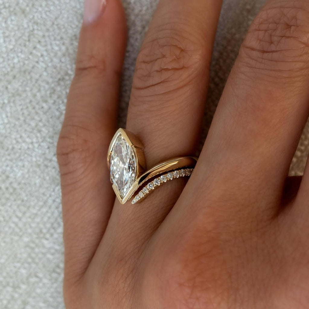 Half Bezel Set Marquise Cut Moissanite Engagement Ring Set  Bridal Sets Wedding Ring Set Anniversary Ring Set For Women