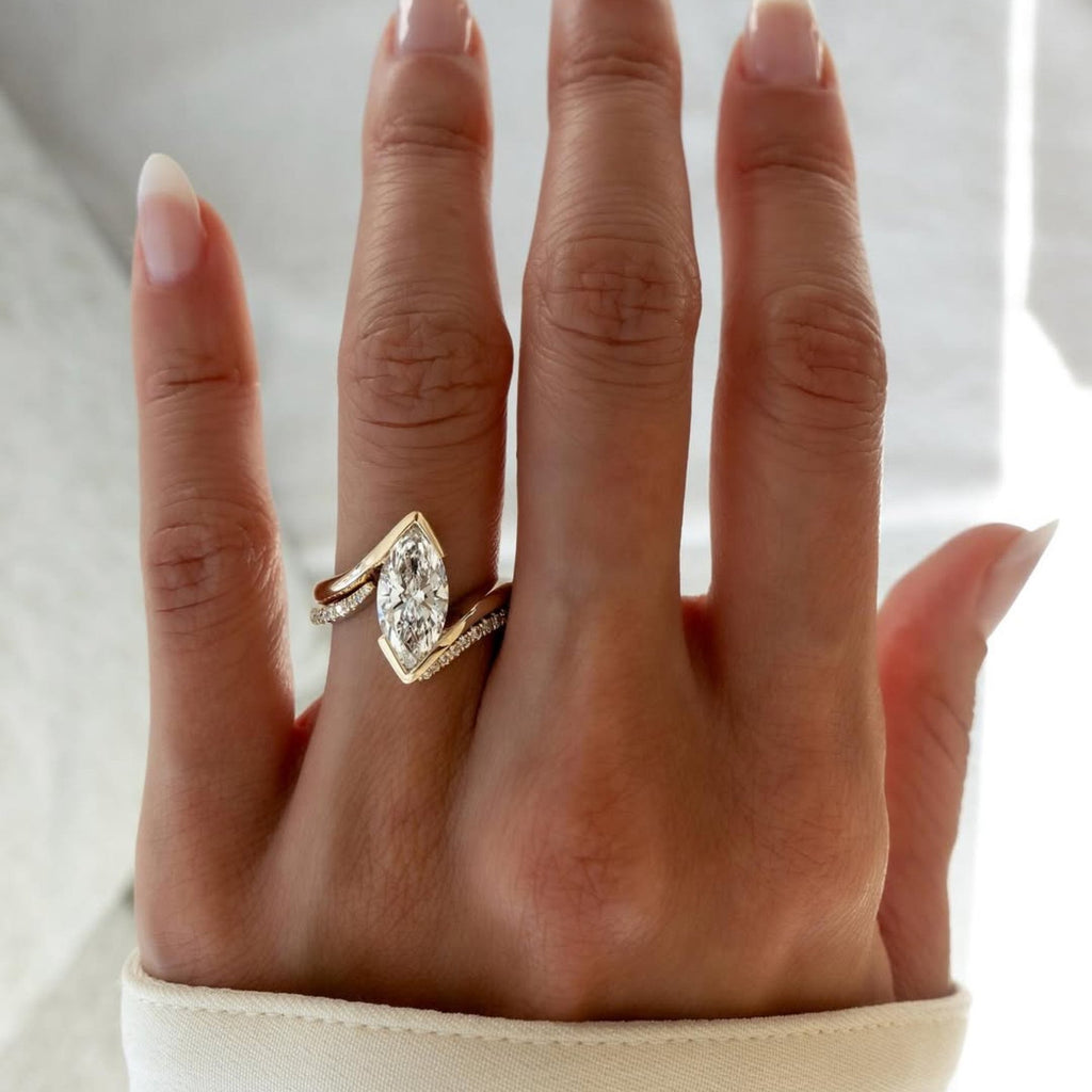 Half Bezel Set Marquise Cut Moissanite Engagement Ring Set  Bridal Sets Wedding Ring Set Anniversary Ring Set For Women