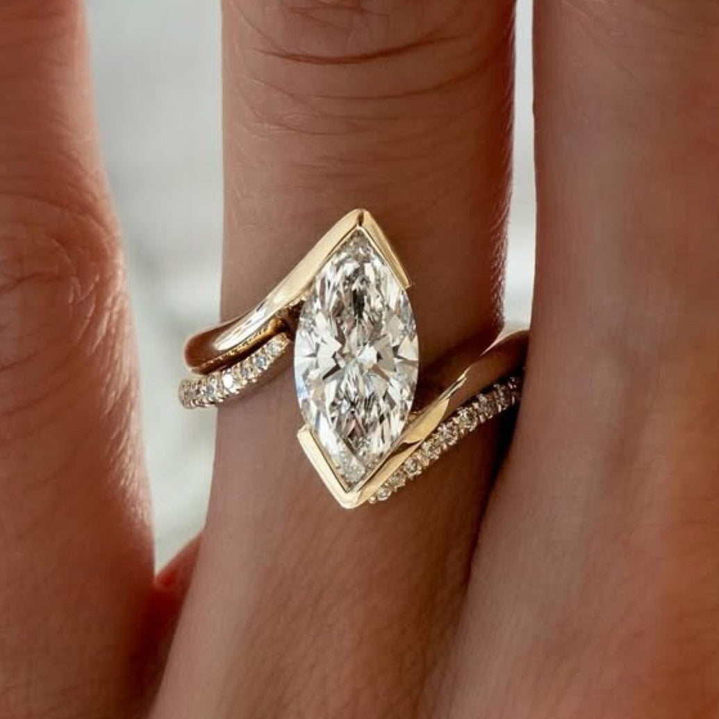 Half Bezel Set  Marquise Cut Lab Grown Engagement Ring Set  Bridal Sets Wedding Ring Set Anniversary Ring Set For Women