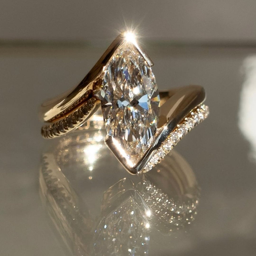 Half Bezel Set Marquise Cut Moissanite Engagement Ring Set  Bridal Sets Wedding Ring Set Anniversary Ring Set For Women