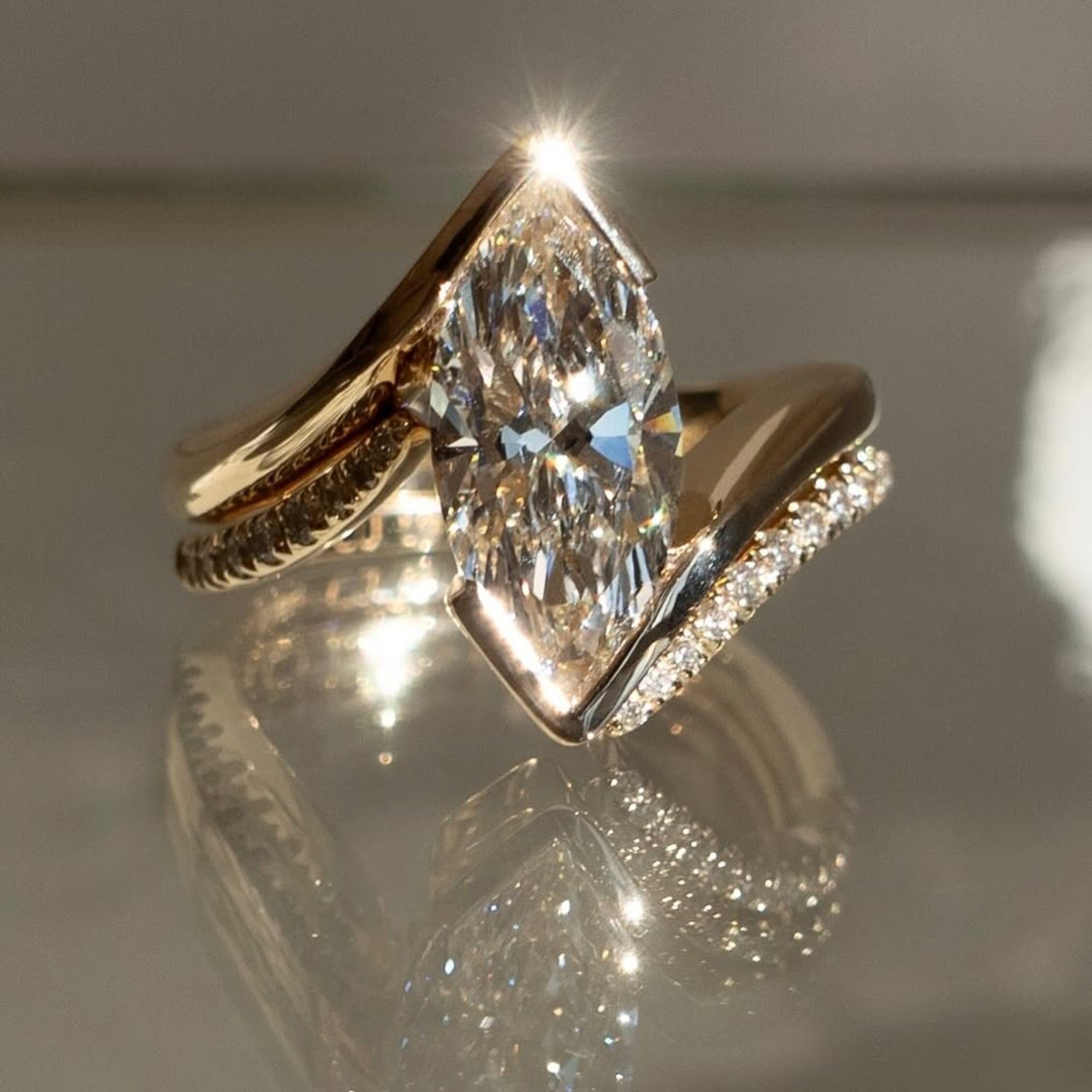 Half Bezel Set Marquise Cut Moissanite Engagement Ring Set  Bridal Sets Wedding Ring Set Anniversary Ring Set For Women