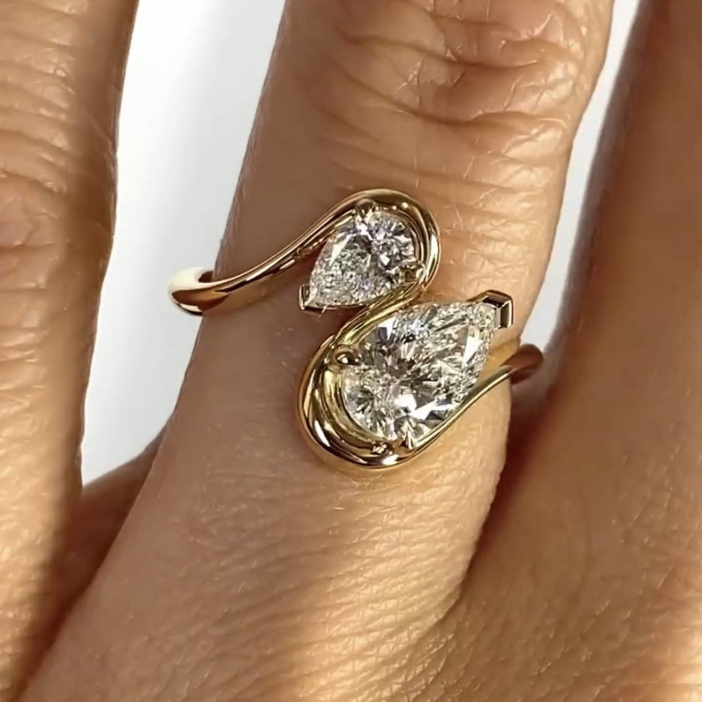 2.50 TCW Toi Et Moi Pear Cut Lab Grown Ring Pear Curve Band Engagement Ring Gold You And Me Ring Two Stone Wedding Ring Anniversary Ring