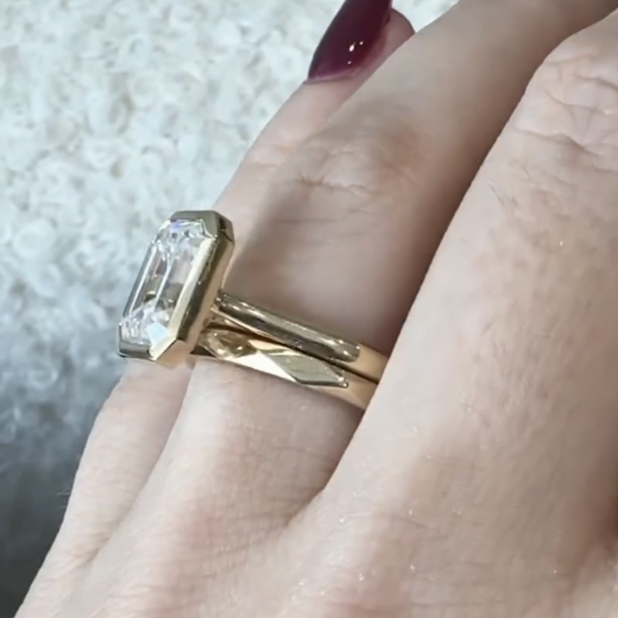 Bezel Set Emerald Cut Lab Grown Engagement Ring Set Gold Bridal Set Solitaire Ring With Matching Band Wedding Ring Set For Women