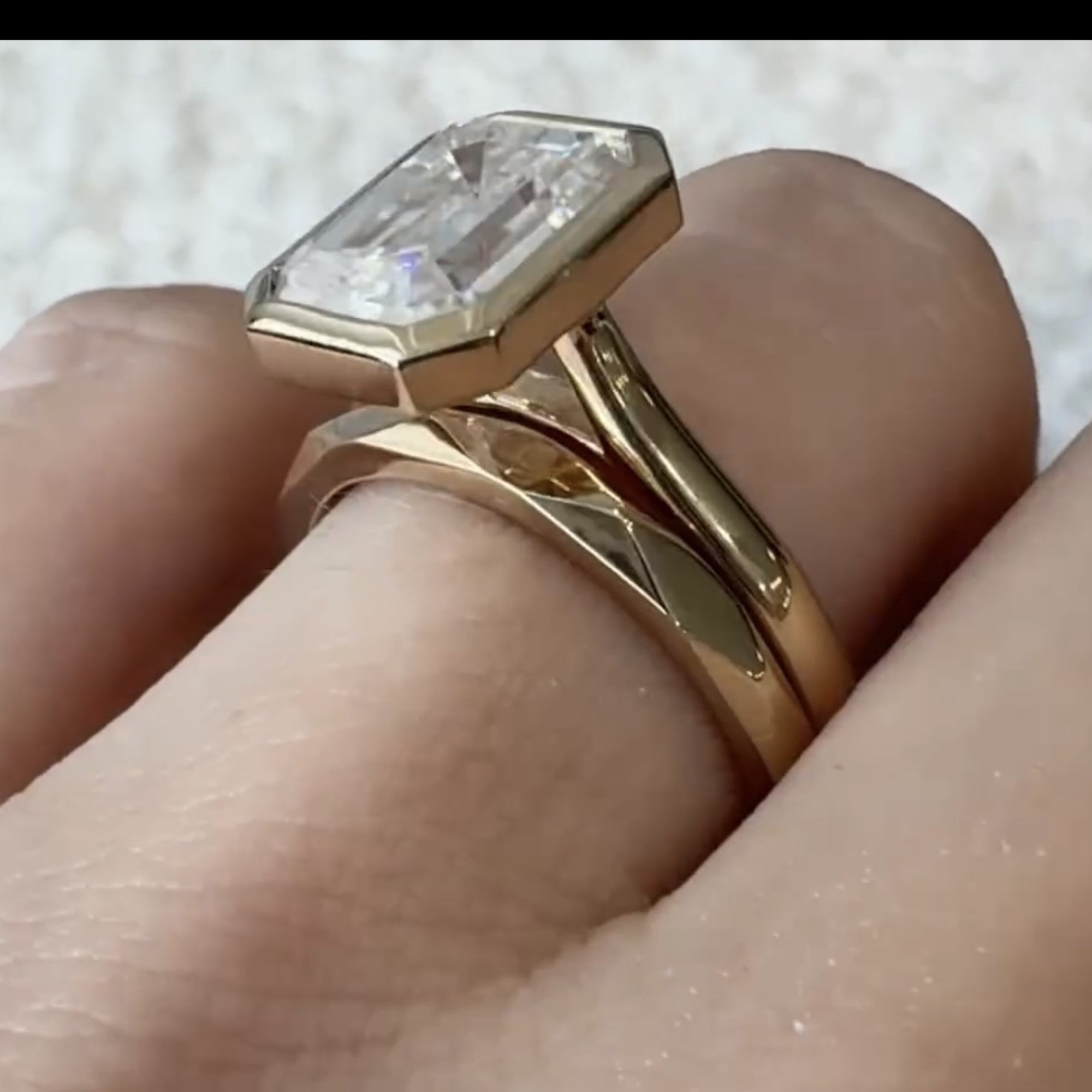 Bezel Set Emerald Cut Lab Grown Engagement Ring Set Gold Bridal Set Solitaire Ring With Matching Band Wedding Ring Set For Women