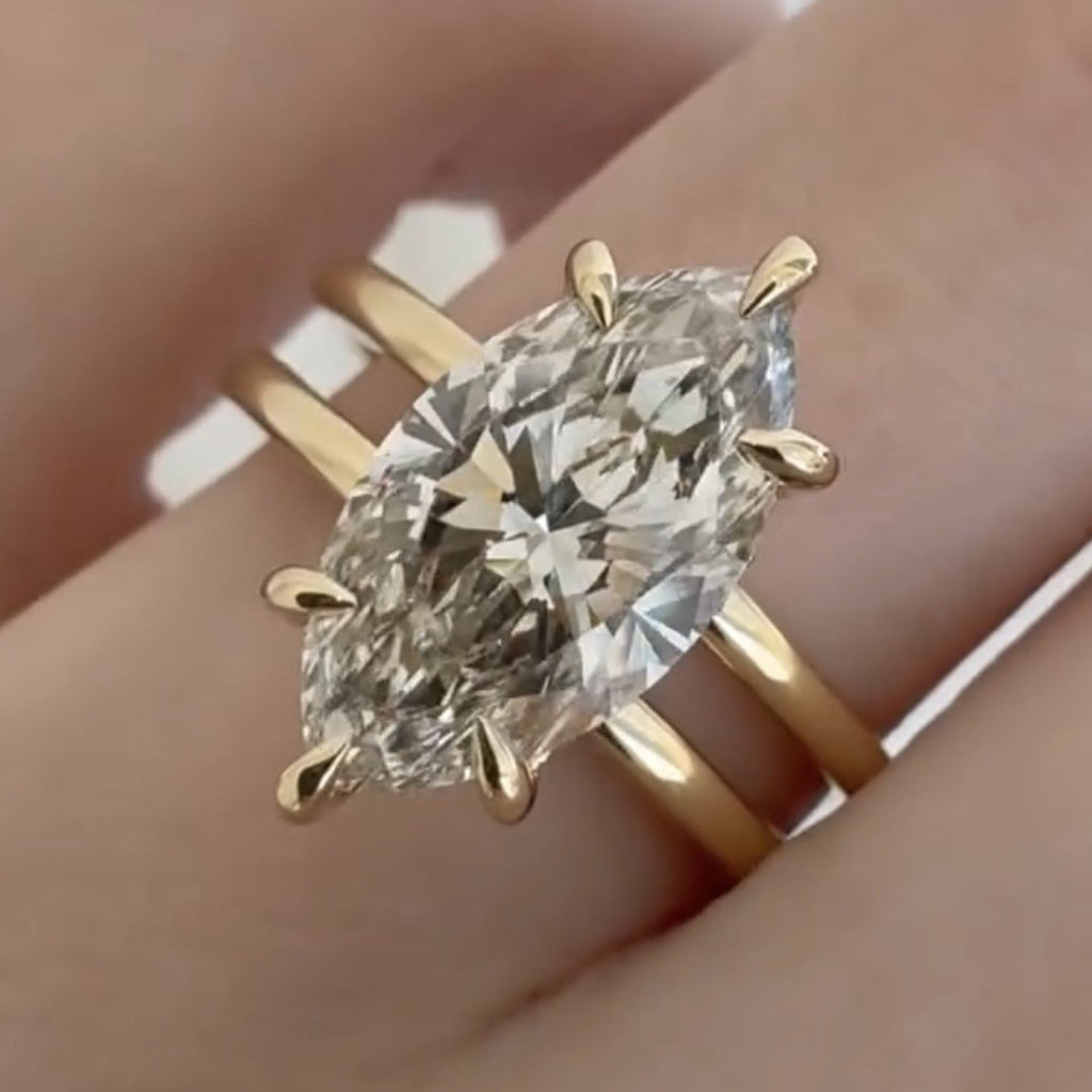 Double Band Marquise Cut Lab Grown Engagement Ring Hidden Halo Solid Gold Wedding Ring Solitaire Ring Anniversary Rings For Women