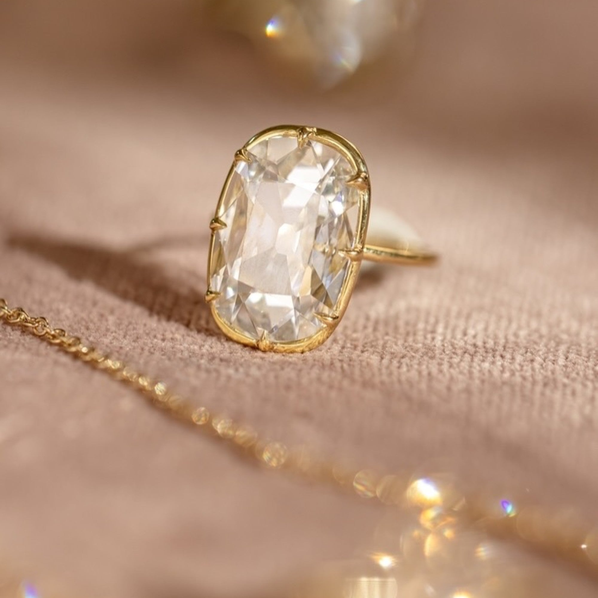 Old Mine Elongated Cushion Lab Grown Diamond Ring Vintage Style Engagement Ring Solid Gold Solitaire Ring