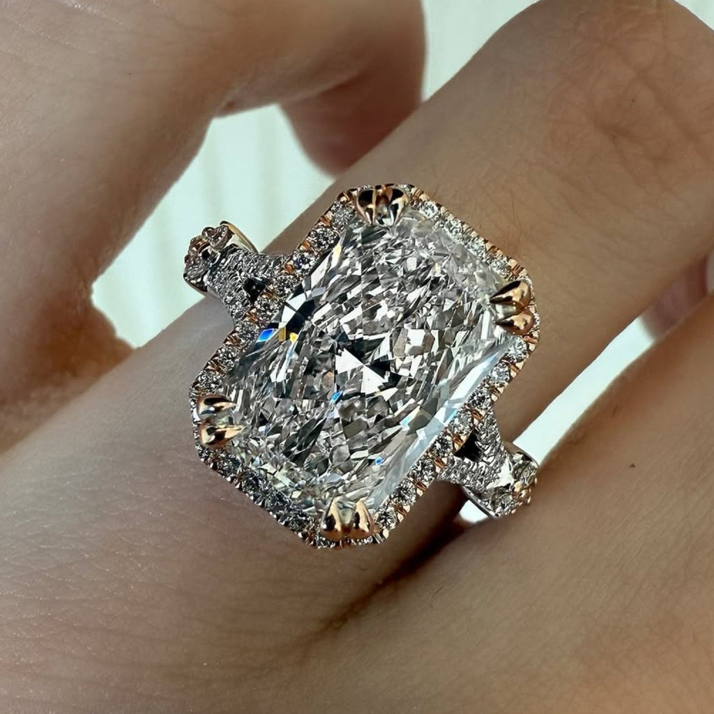 Halo Set Radiant Moissanite Engagement Ring Double Claw Prong Split Shank Ring Art Deco Wedding Ring Anniversary Ring For Women