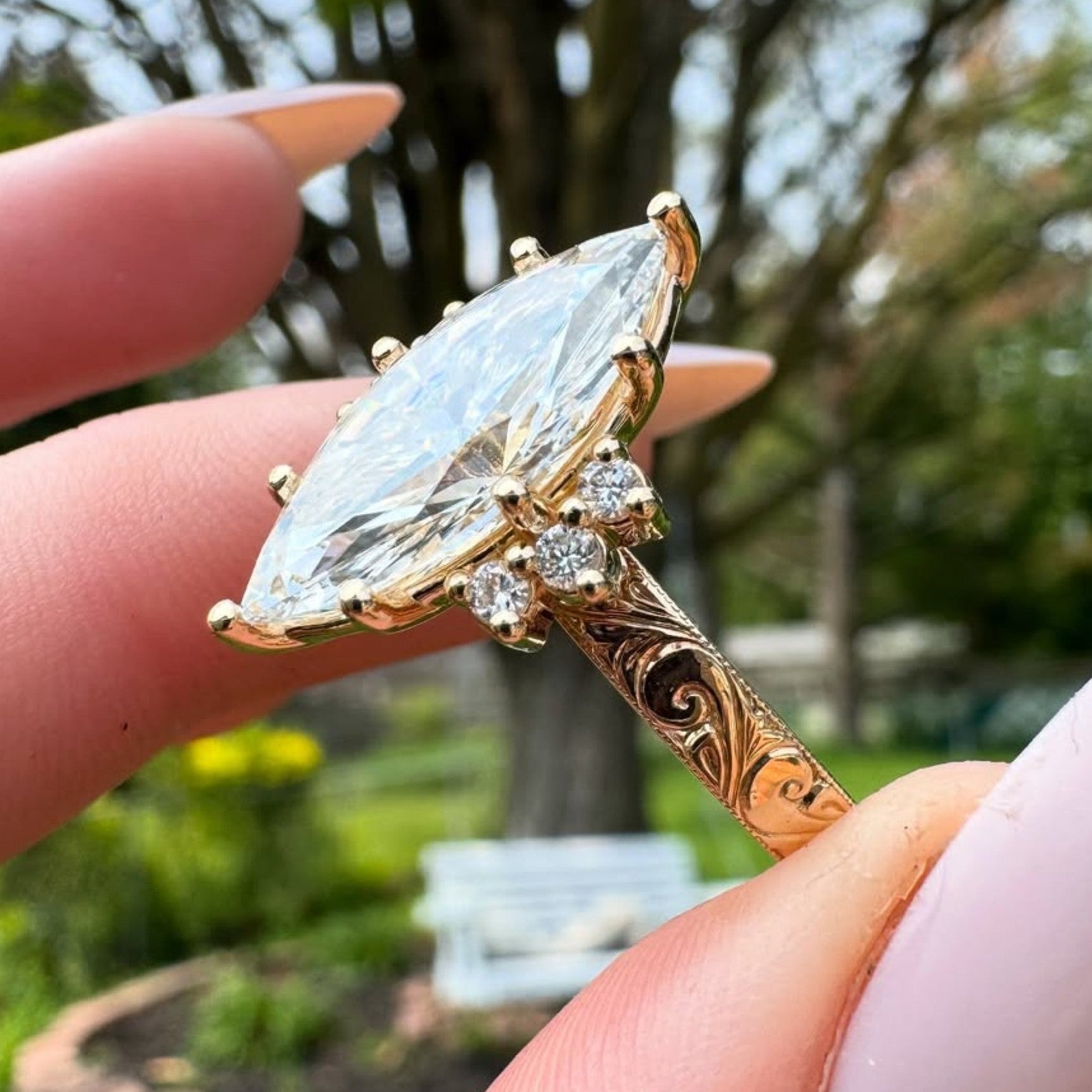 Art Deco  Marquise Cut Lab Grown Engagement Ring Cluster  Nature inspired Ring Vintage Wedding Ring Anniversary Ring