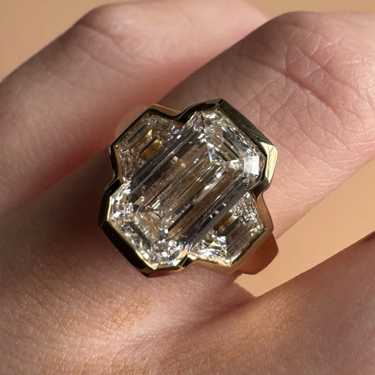 Bezel Set Emerald Cut Engagement Ring Three Stone Emerald Moissanite Ring Wedding Ring Past Present Future Anniversary Ring