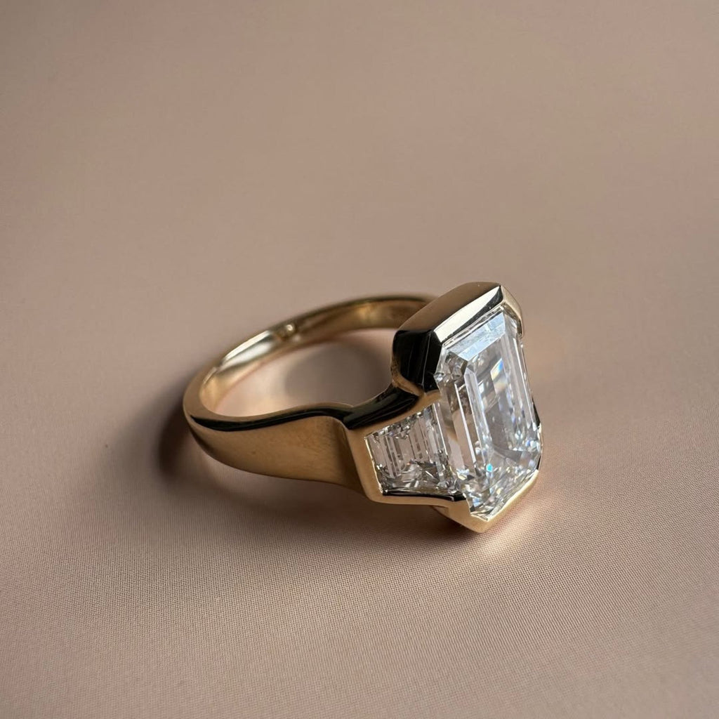 Bezel Set Emerald Cut Engagement Ring Three Stone Emerald Moissanite Ring Wedding Ring Past Present Future Anniversary Ring