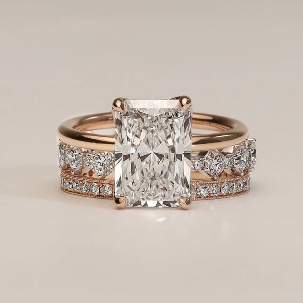 Radiant Cut Lab Grown Engagement Ring Set Solitaire Ring With Two Matching Band Set Bridal Set Wedding Set Anniversary Set.