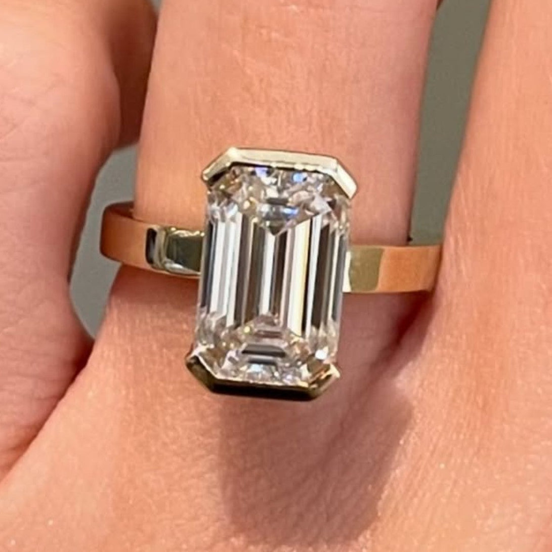 Half Bezel Set  Emerald Cut Lab Grown Engagement Rings Wedding Rings For Women Anniversary Ring Solitaire Promise Ring