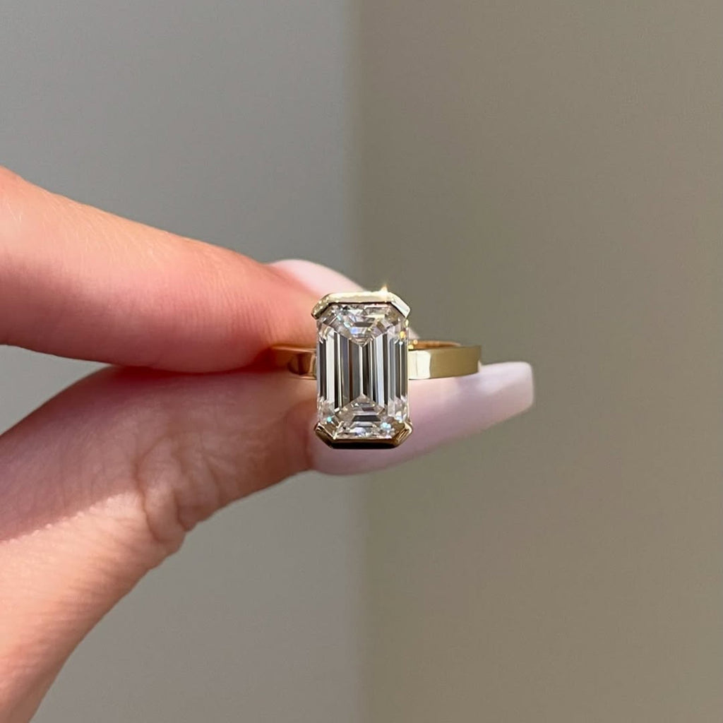 Half Bezel Set Emerald Cut Moissanite Engagement Rings Wedding Rings For Women Anniversary Ring Solitaire Promise Ring