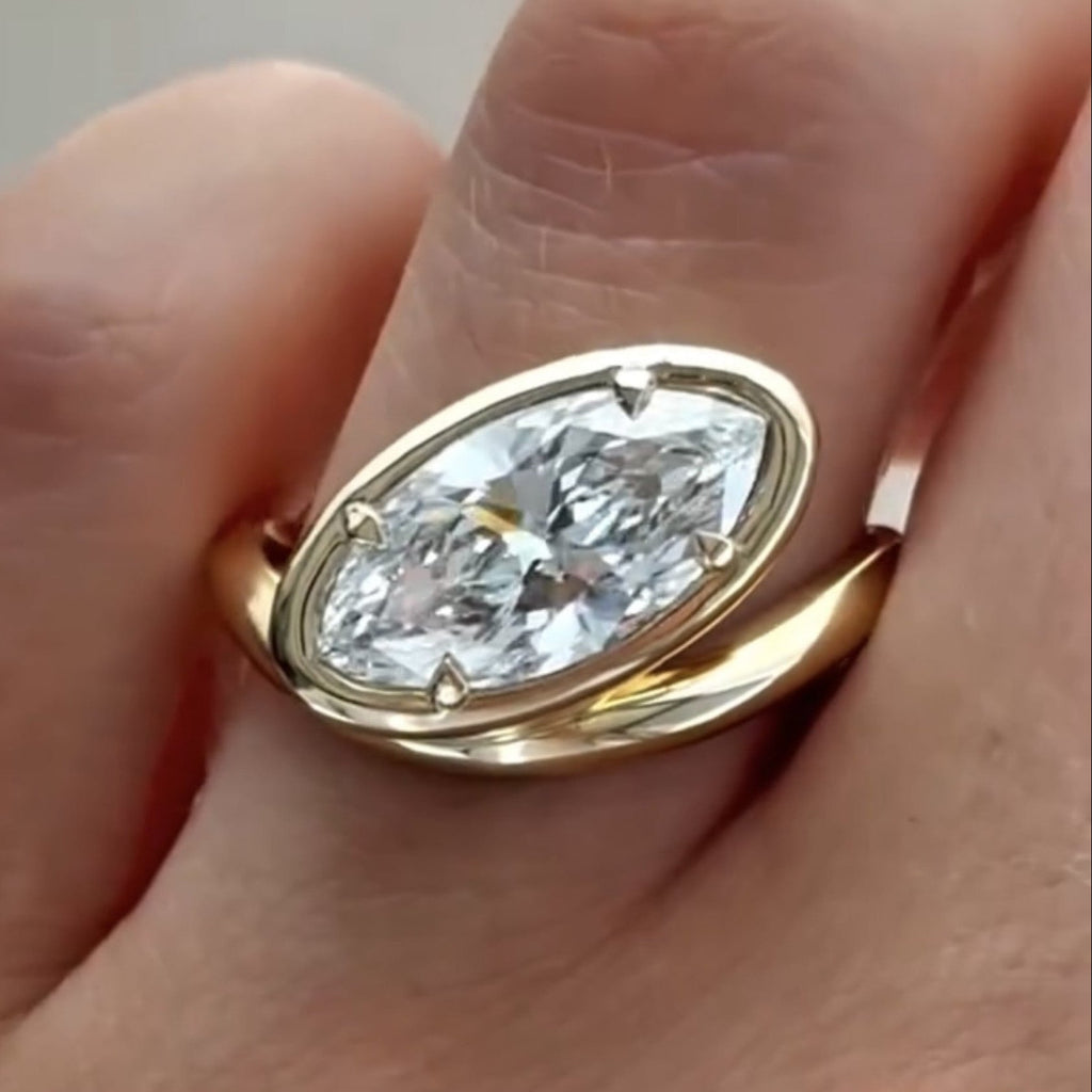 Bezel Set  Marquise Cut Engagement Ring East West Marquise Moissanite Ring  Wedding Ring Horizontal Ring Anniversary Ring