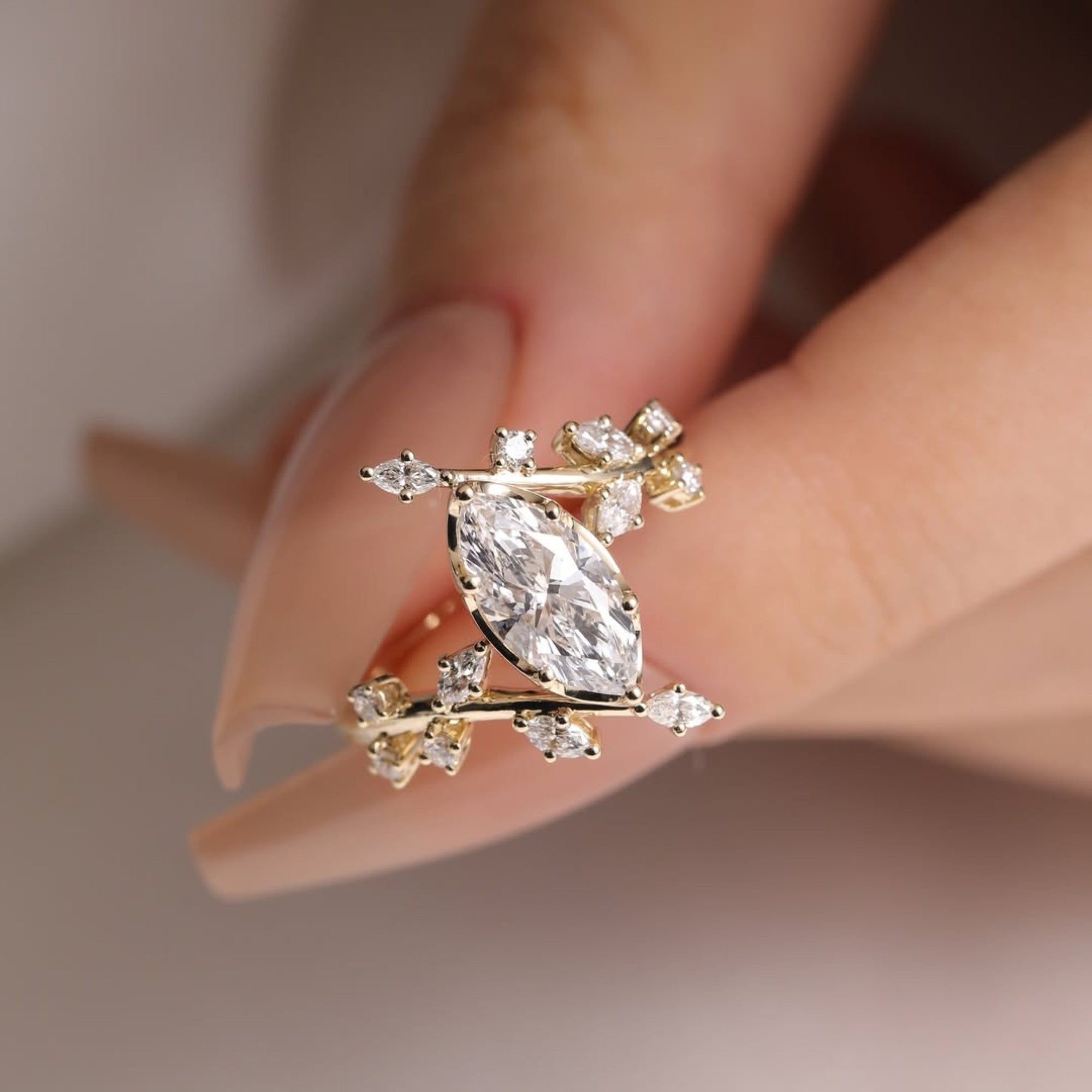 Floral Style  Marquise Cut Lab Grown Engagement Rings Vintage Art Deco  Wedding Rings Nature Inspired Ring Anniversary Ring