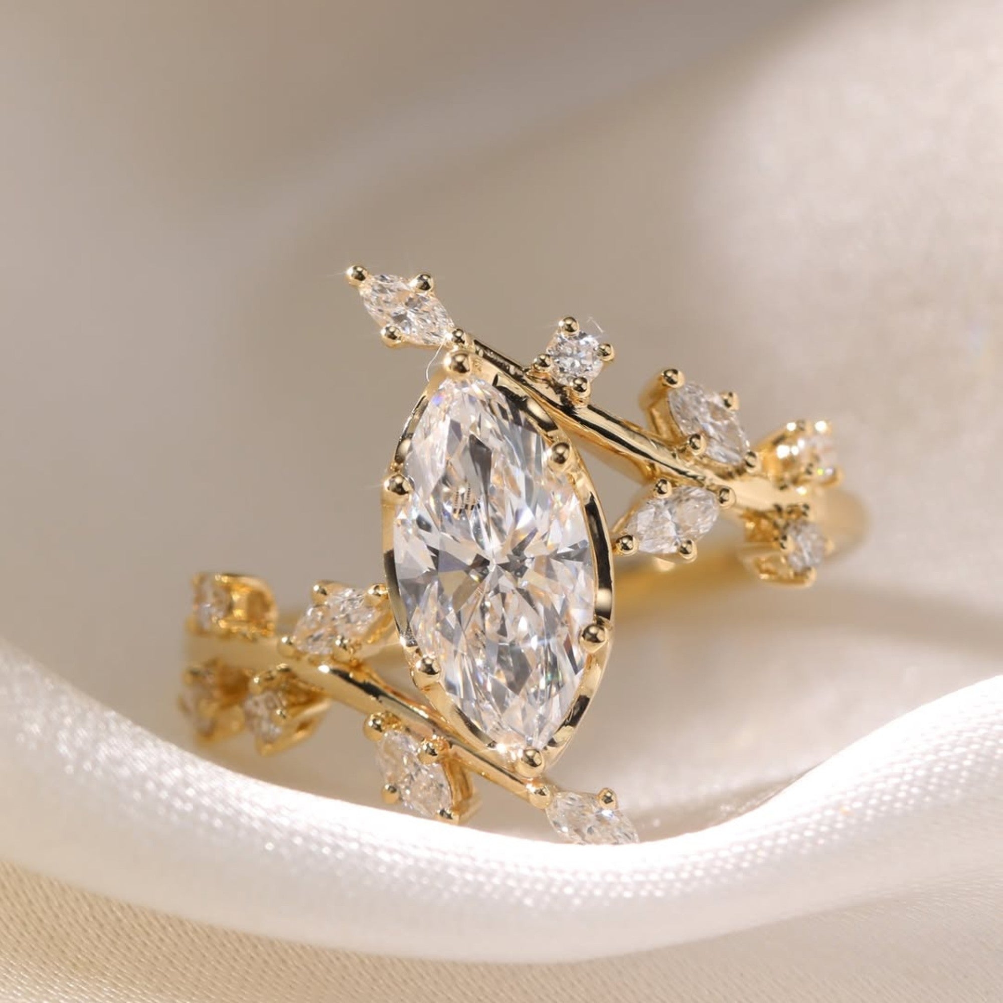 Floral Style  Marquise Cut Lab Grown Engagement Rings Vintage Art Deco  Wedding Rings Nature Inspired Ring Anniversary Ring
