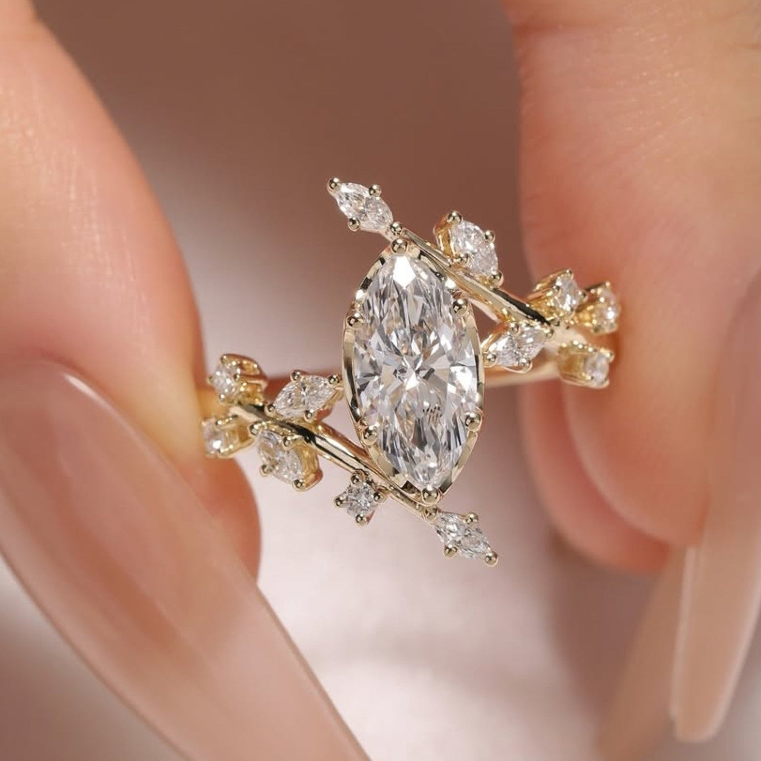 Floral Style  Marquise Cut Lab Grown Engagement Rings Vintage Art Deco  Wedding Rings Nature Inspired Ring Anniversary Ring