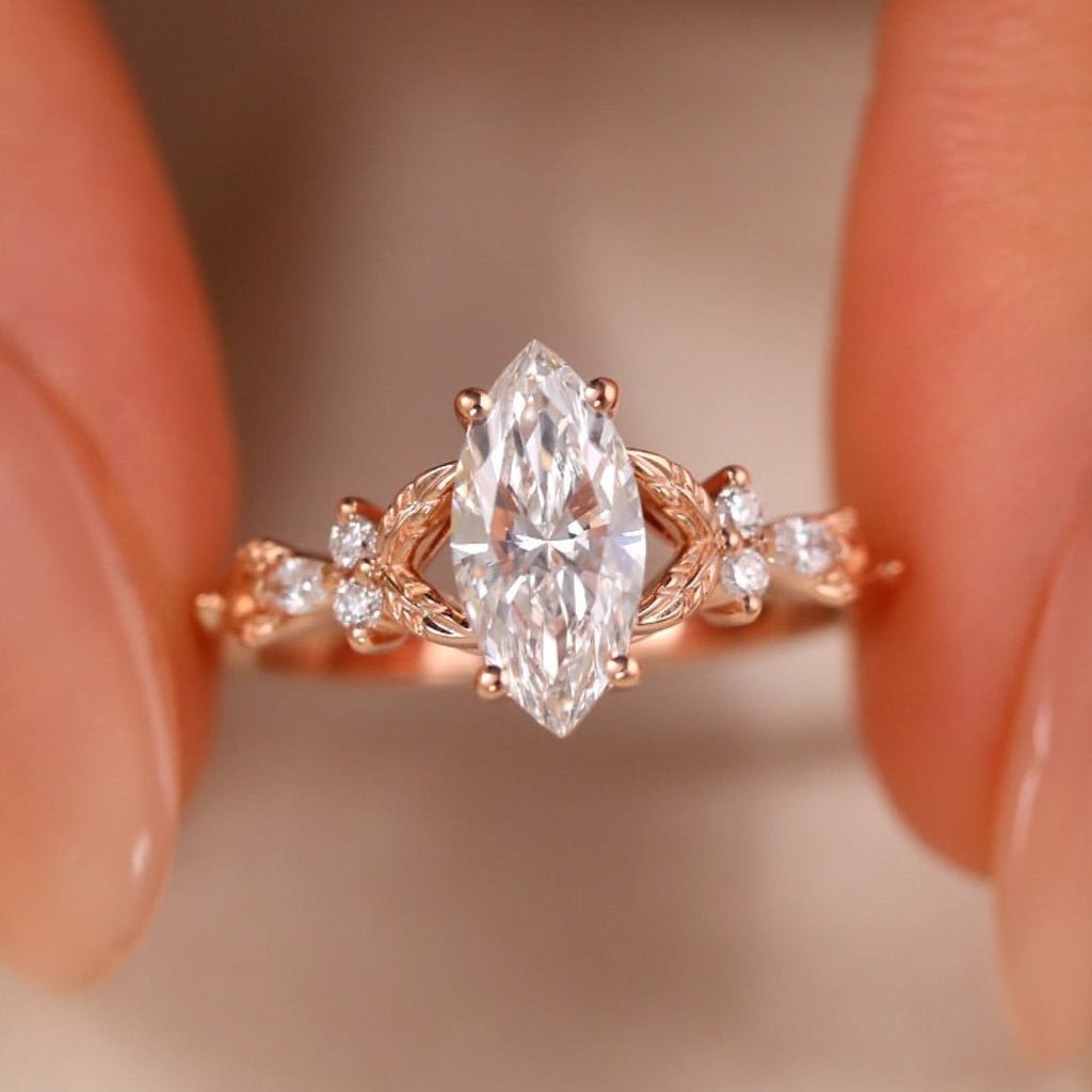 Marquise Cut Lab Grown Engagement Ring Art deco Solid Gold Wedding Ring