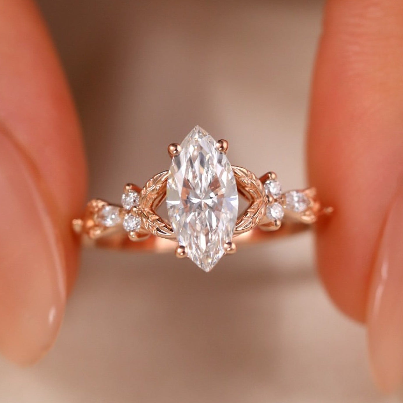 Marquise Cut Lab Grown Engagement Ring Art deco Solid Gold Wedding Ring