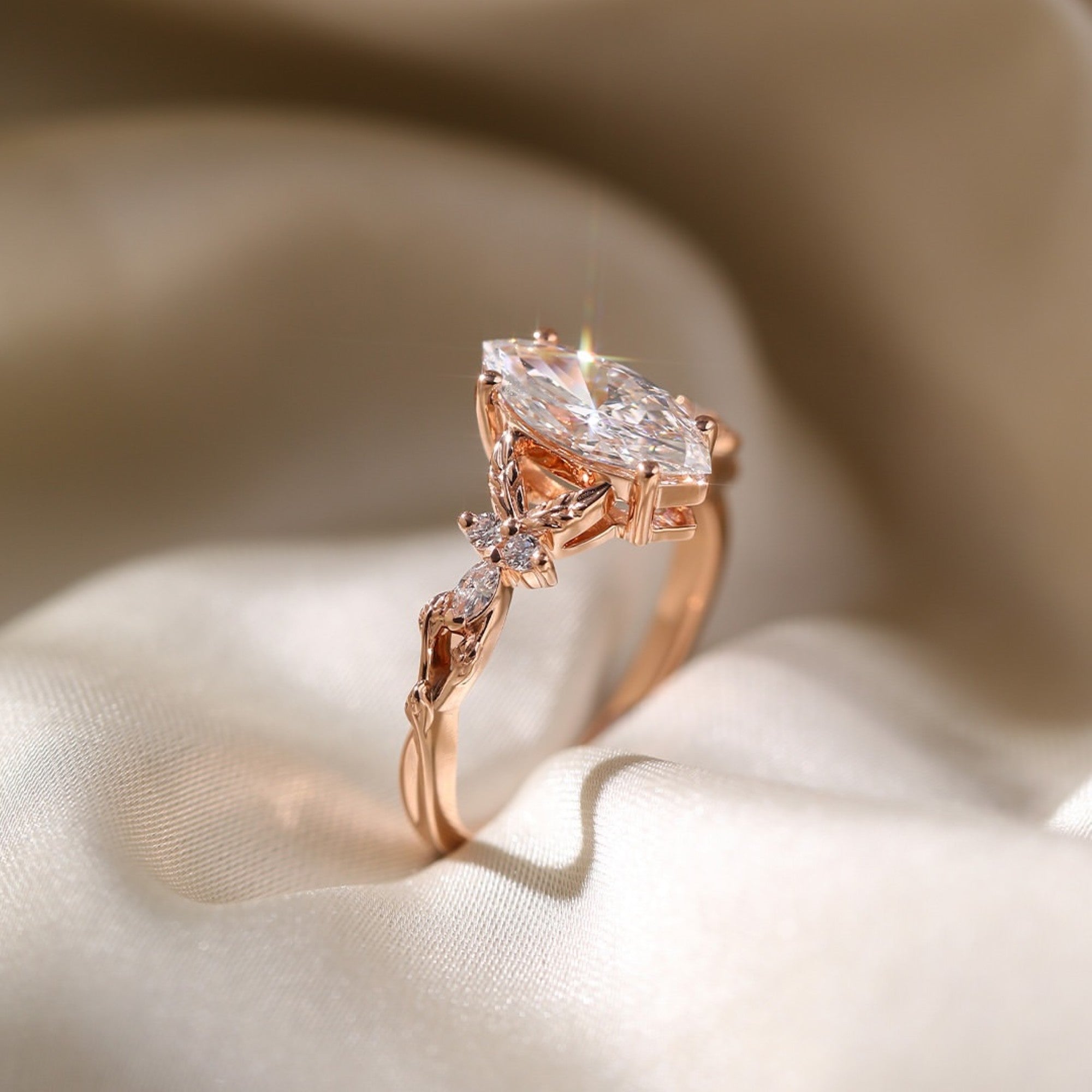 Marquise Cut Lab Grown Engagement Ring Art deco Solid Gold Wedding Ring