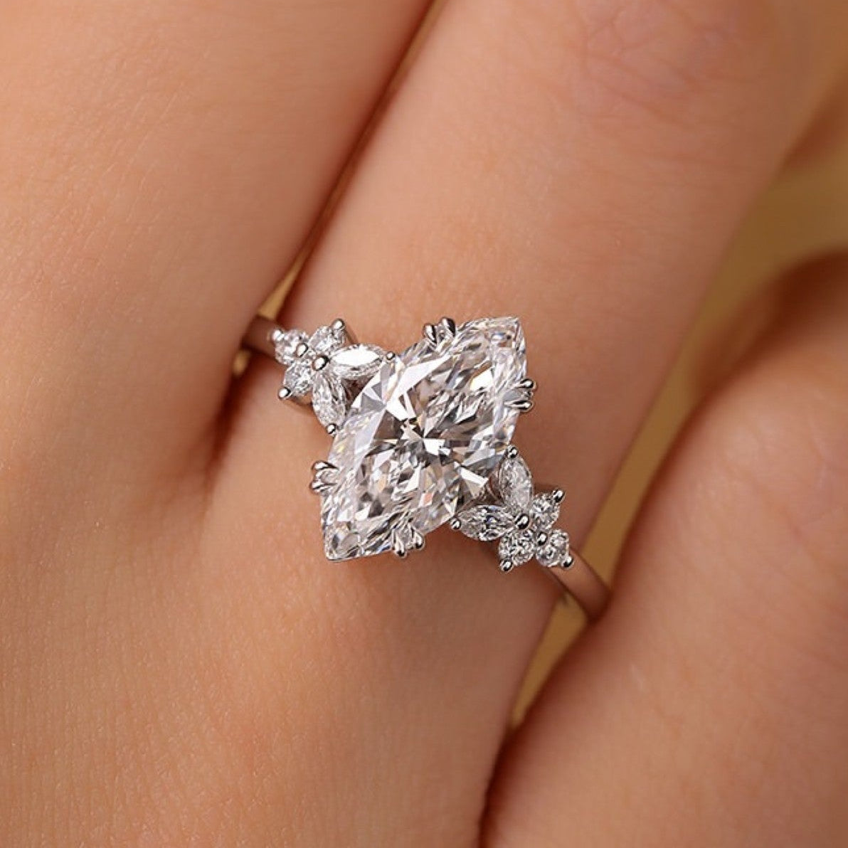 Marquise Art Deco Lab Grown Engagement Ring Solid Gold Bridal Wedding Ring