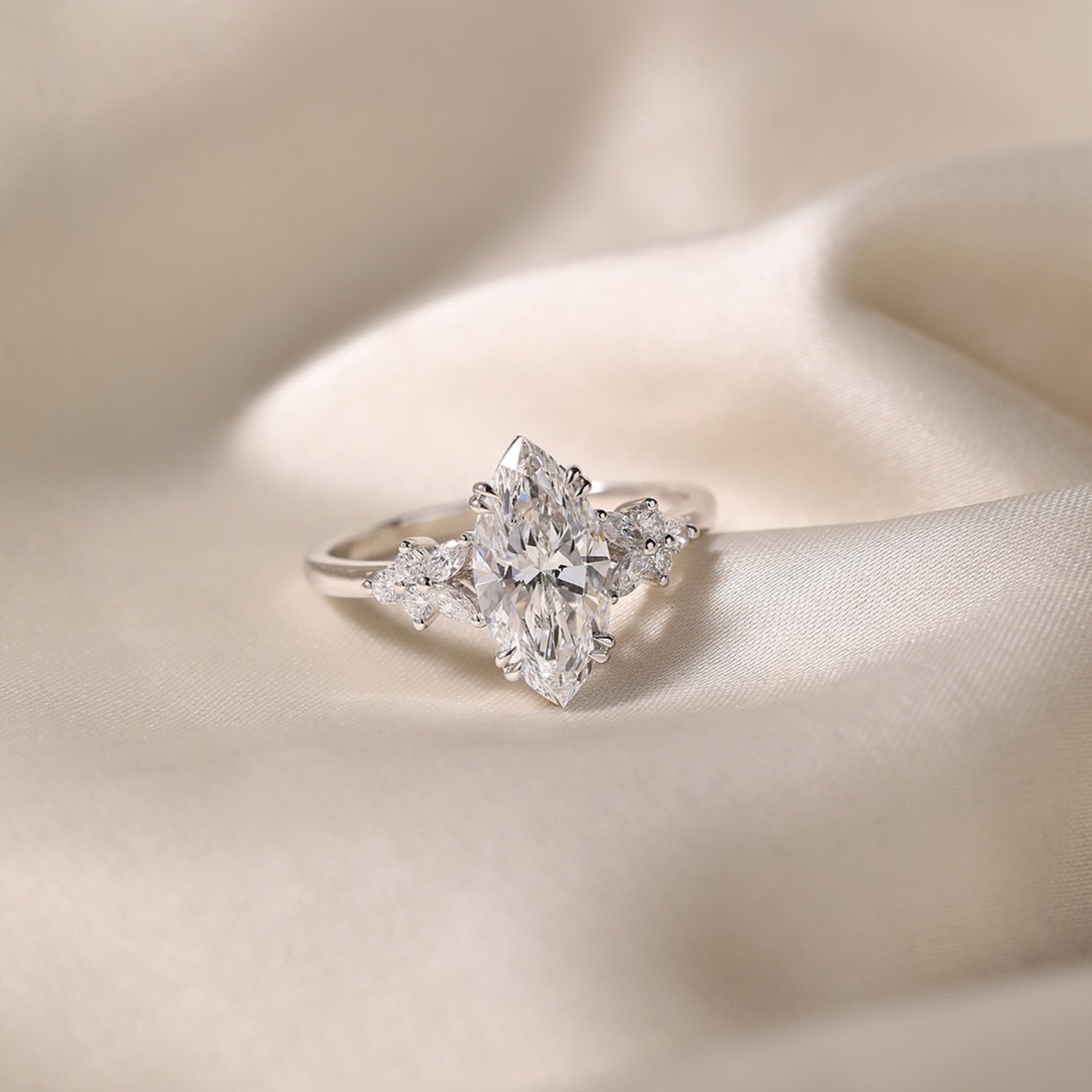 Marquise Art Deco Lab Grown Engagement Ring Solid Gold Bridal Wedding Ring