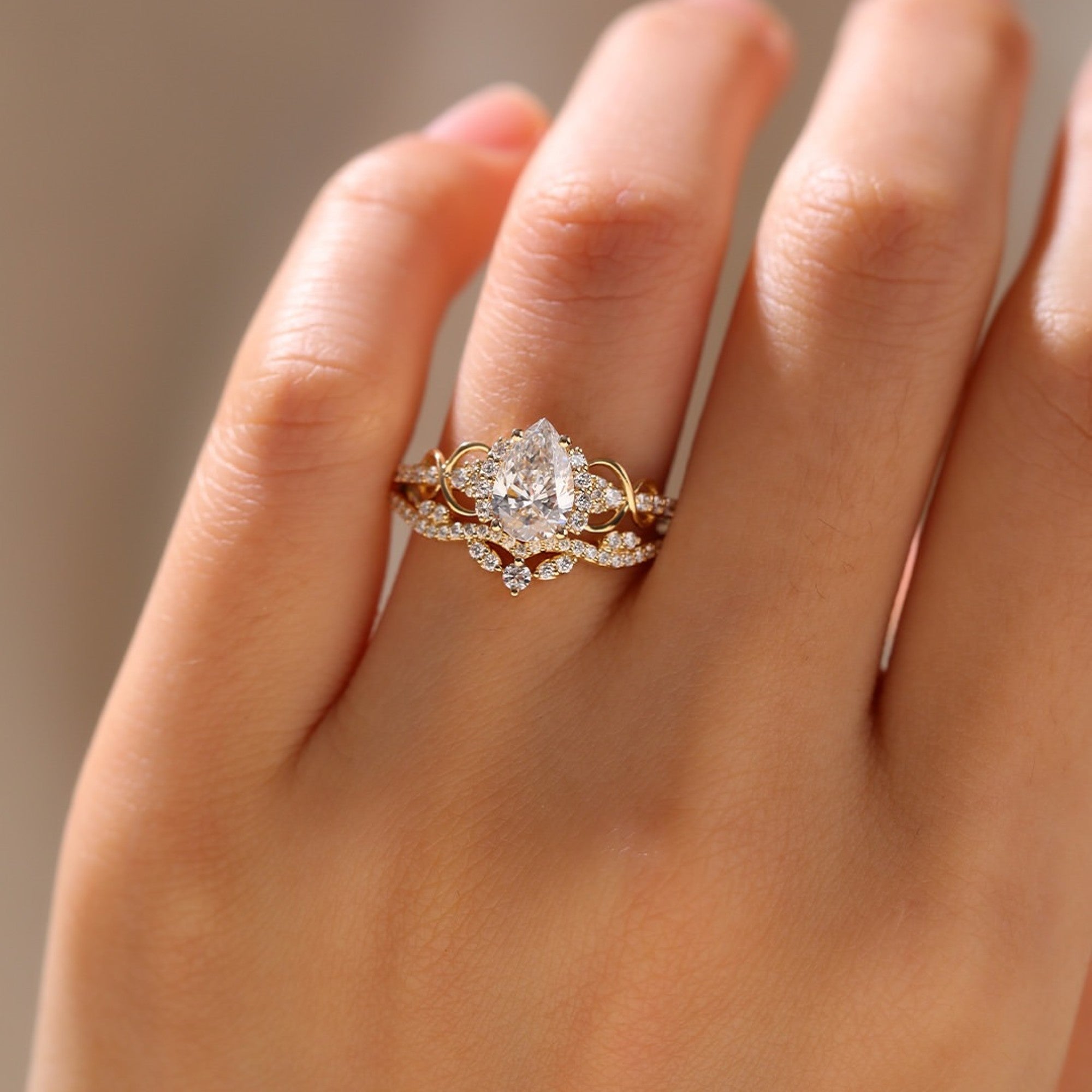 Pear Cut Lab Grown Engagement Ring Set Solid Gold Bridal Set