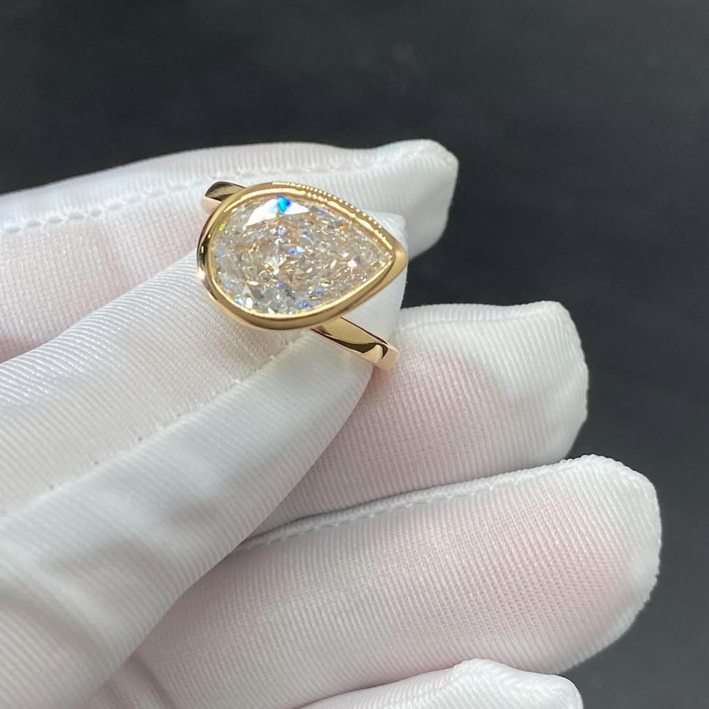 Bezel Set Pear Moissanite Engagement Ring East West Wedding Ring