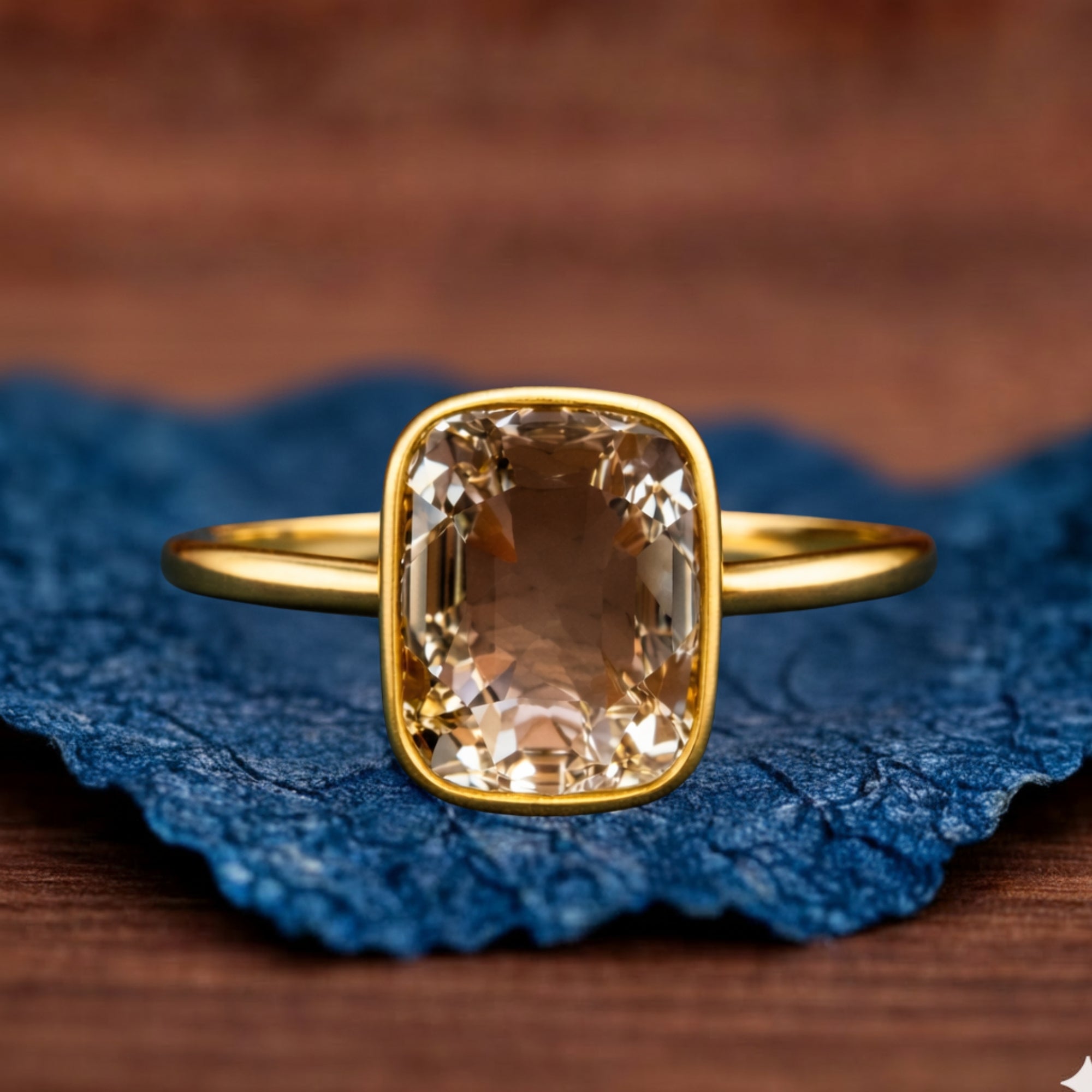 Gold ring with a large gemstone on a textured blue surface
