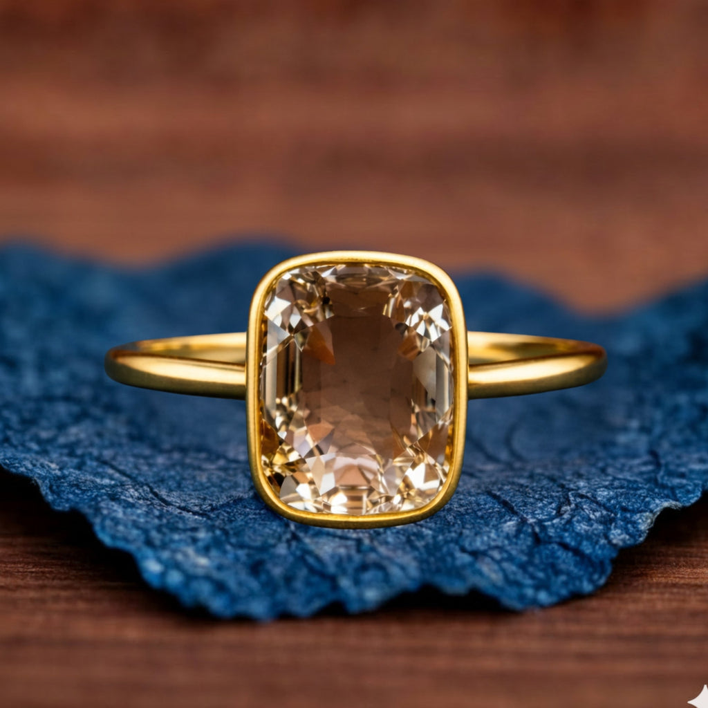 Gold ring with a large gemstone on a textured blue surface