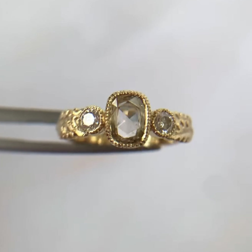 Vintage Milgrain Bezel Light Brown Cushion Rose Cut Moissanite Engagement Ring Three Stone Art Deco Gold Nature Inspired Ring