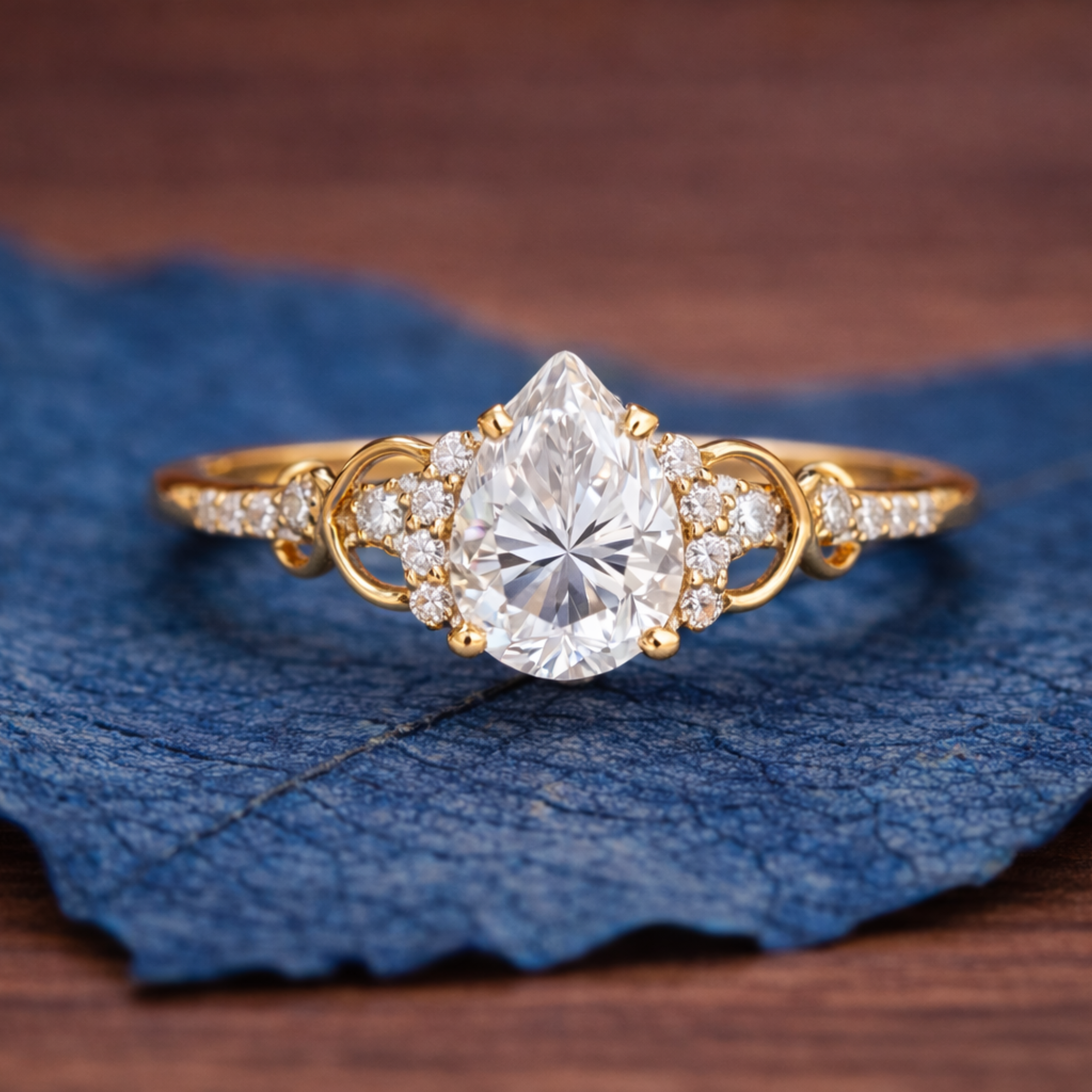 Gold diamond ring on a blue leaf
