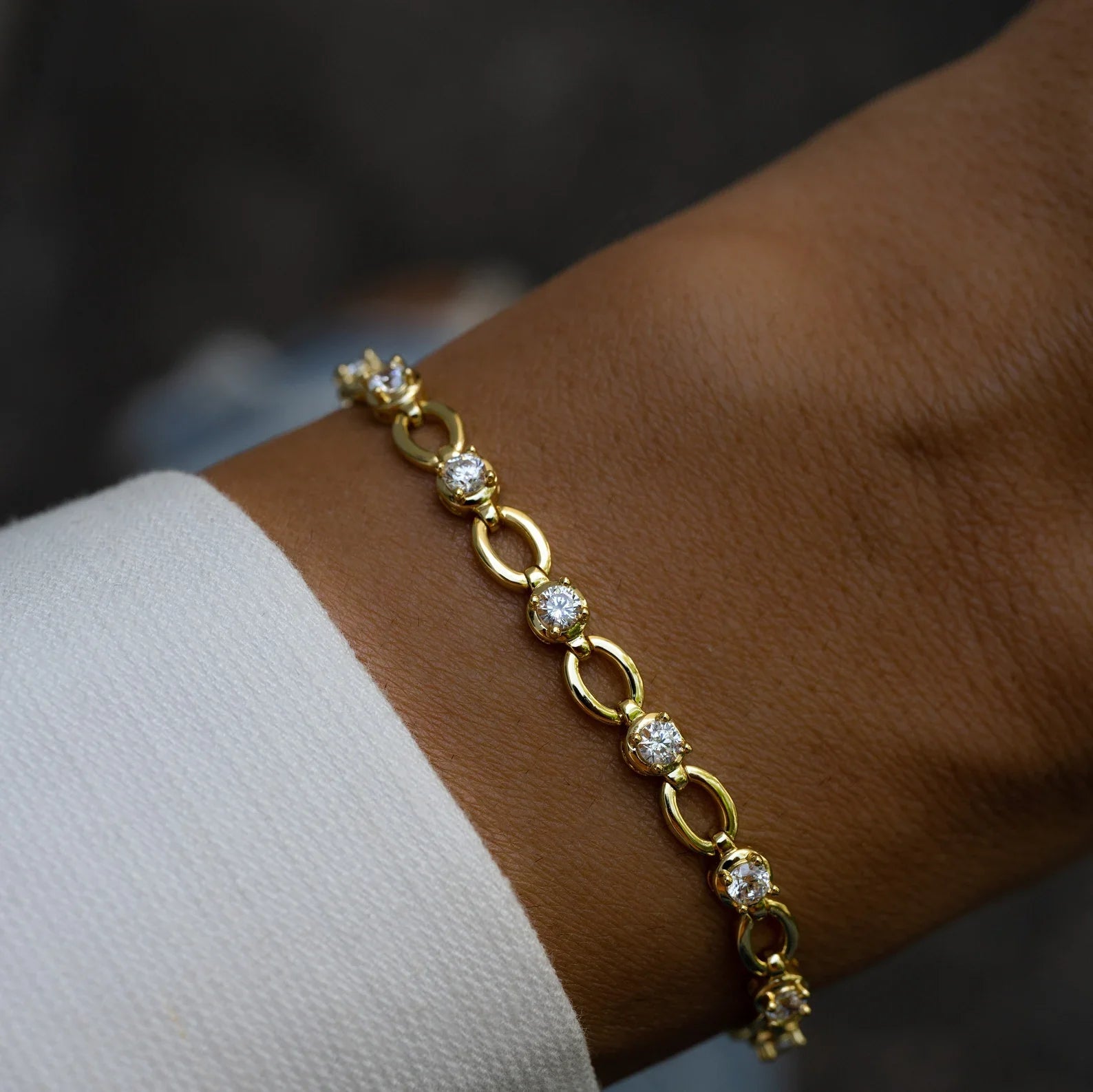 Round Cut Moissanite Diamond Bezel Link Bracelet, Solid Gold Everyday Tennis Jewelry Bracelet