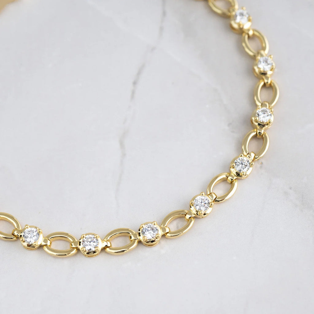 Round Cut Moissanite Diamond Bezel Link Bracelet, Solid Gold Everyday Tennis Jewelry Bracelet
