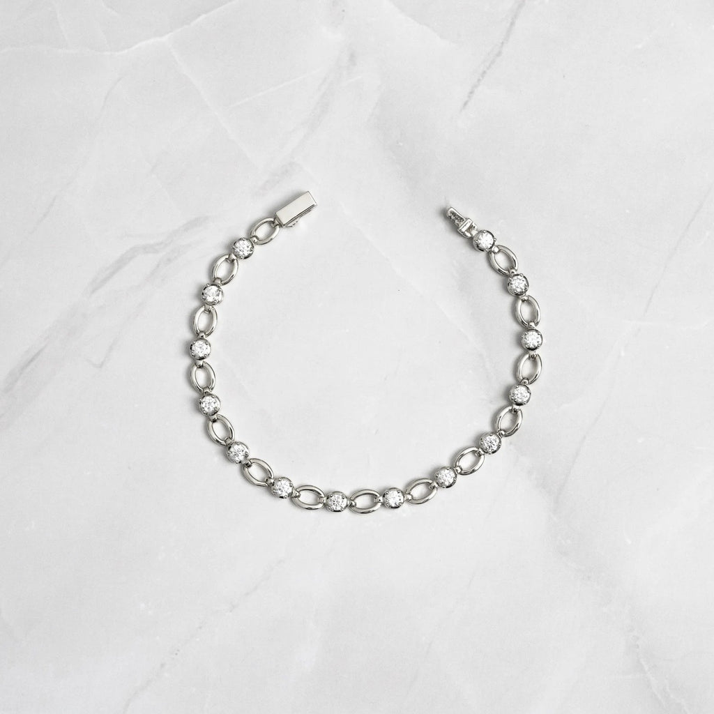 Round Cut Moissanite Diamond Bezel Link Bracelet, Solid Gold Everyday Tennis Jewelry Bracelet