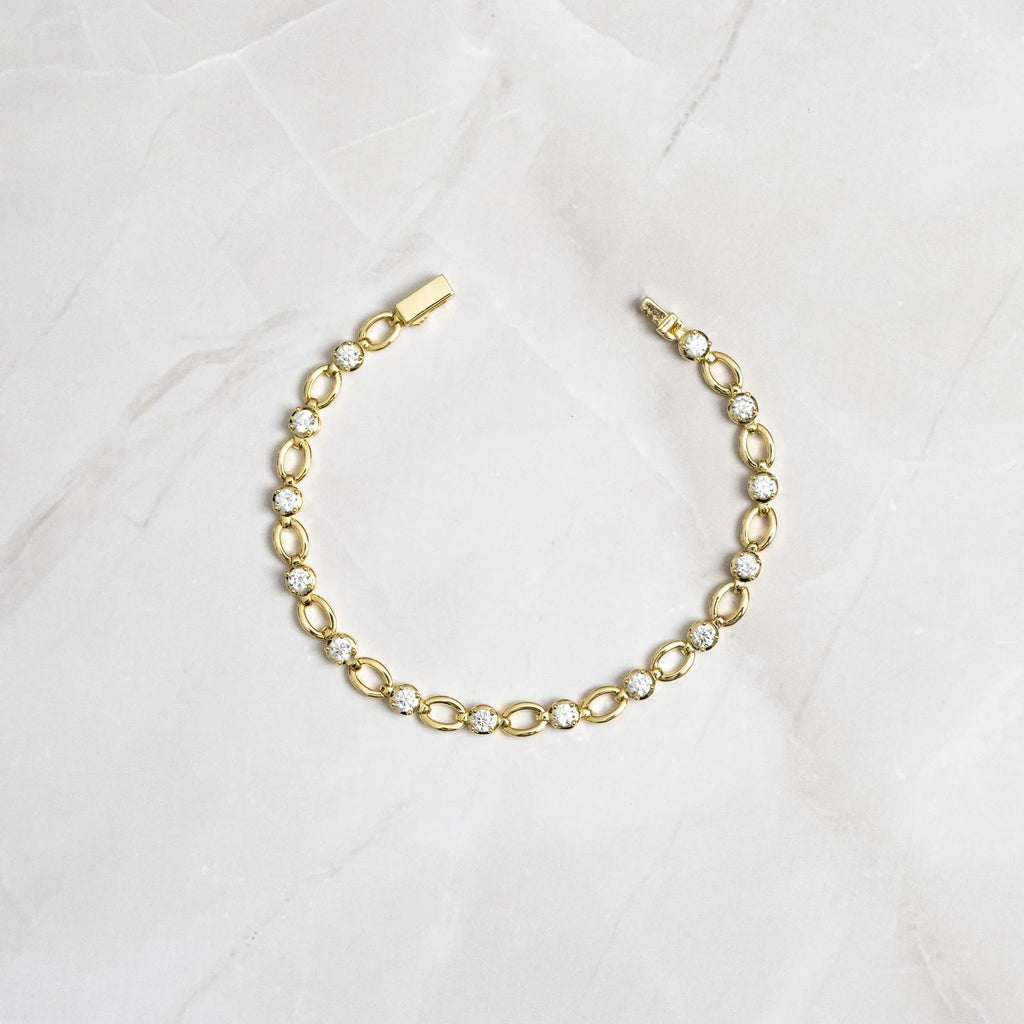 Round Cut Moissanite Diamond Bezel Link Bracelet, Solid Gold Everyday Tennis Jewelry Bracelet