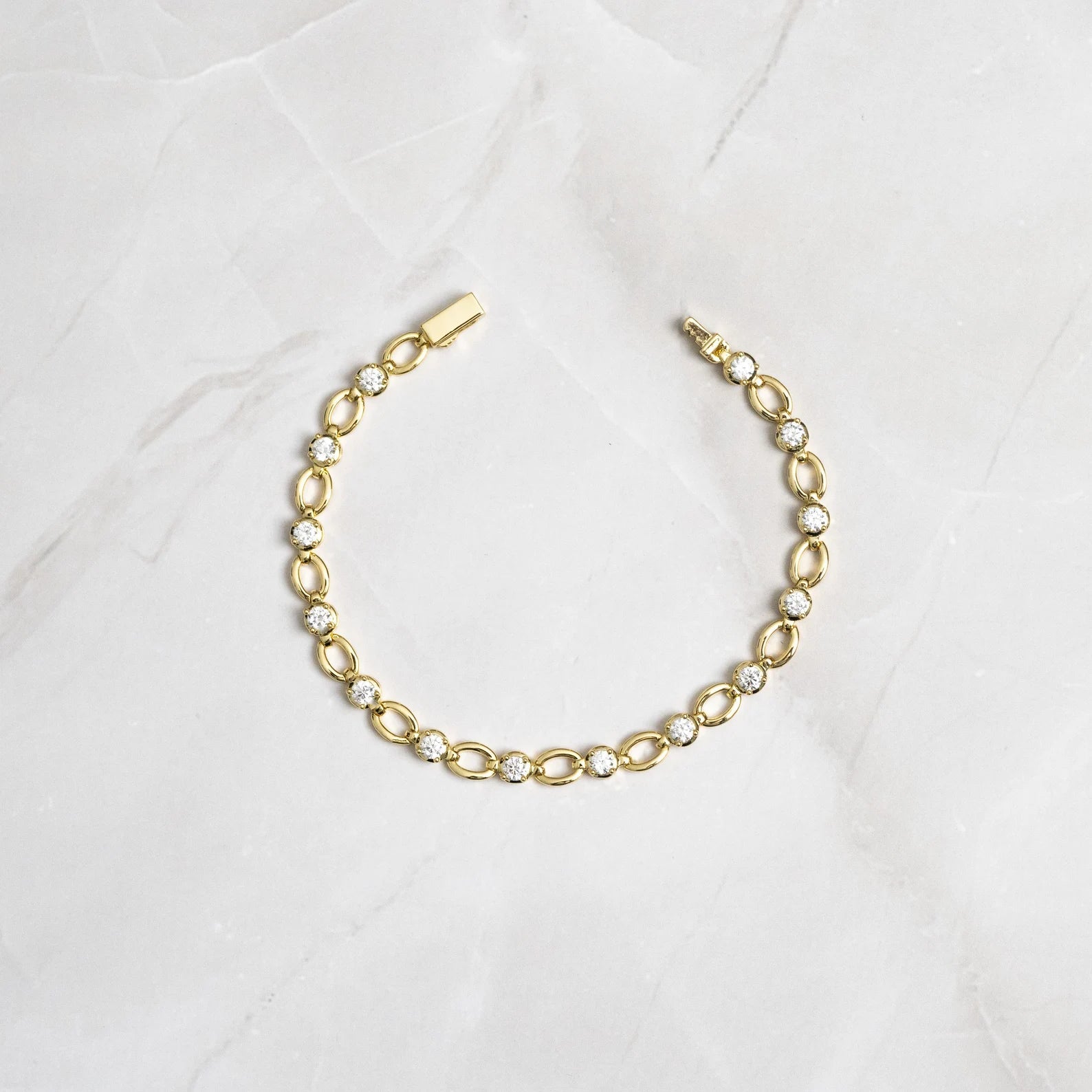 Round Cut Moissanite Diamond Bezel Link Bracelet, Solid Gold Everyday Tennis Jewelry Bracelet