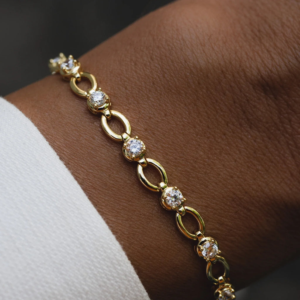 Round Cut Moissanite Diamond Bezel Link Bracelet, Solid Gold Everyday Tennis Jewelry Bracelet