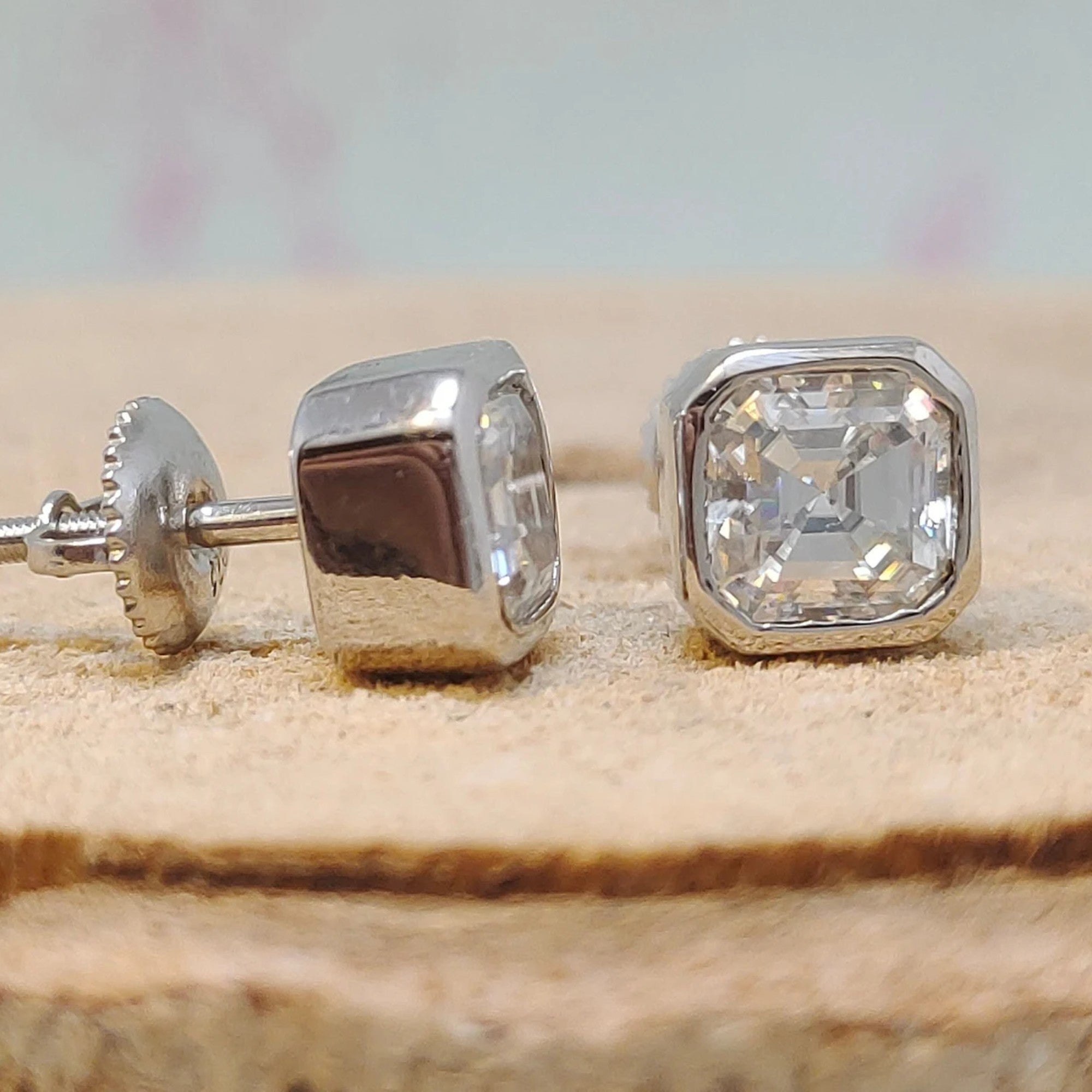 2.00 TCW Asscher Cut Moissanite Diamond Stud Earrings Classic Bezel Set Minimalist Jewelry Gift