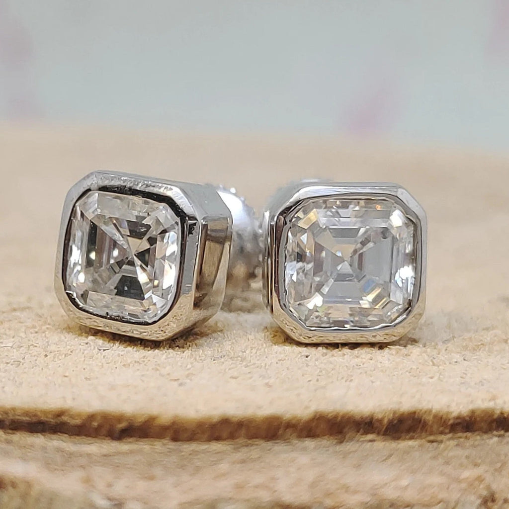 2.00 TCW Asscher Cut Moissanite Diamond Stud Earrings Classic Bezel Set Minimalist Jewelry Gift