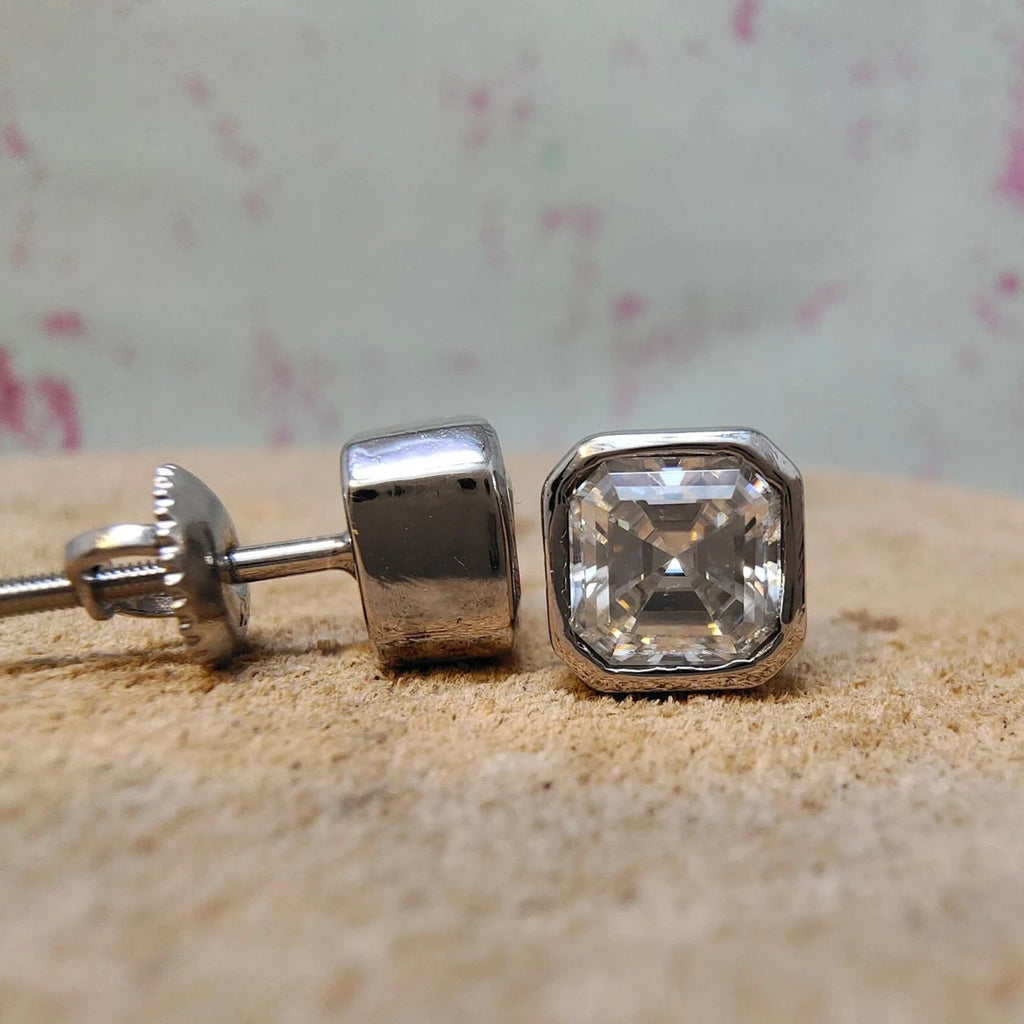 2.00 TCW Asscher Cut Lab Grown Diamond Stud Earrings Classic Bezel Set Minimalist Jewelry Gift
