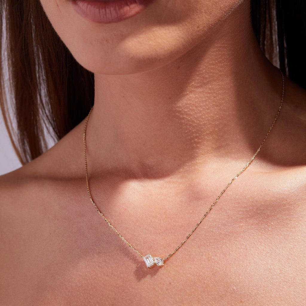 1.25 TCW Emerald and Pear Moissanite Toi Et Moi Gold Necklace, Two Stone Diamond Pendant