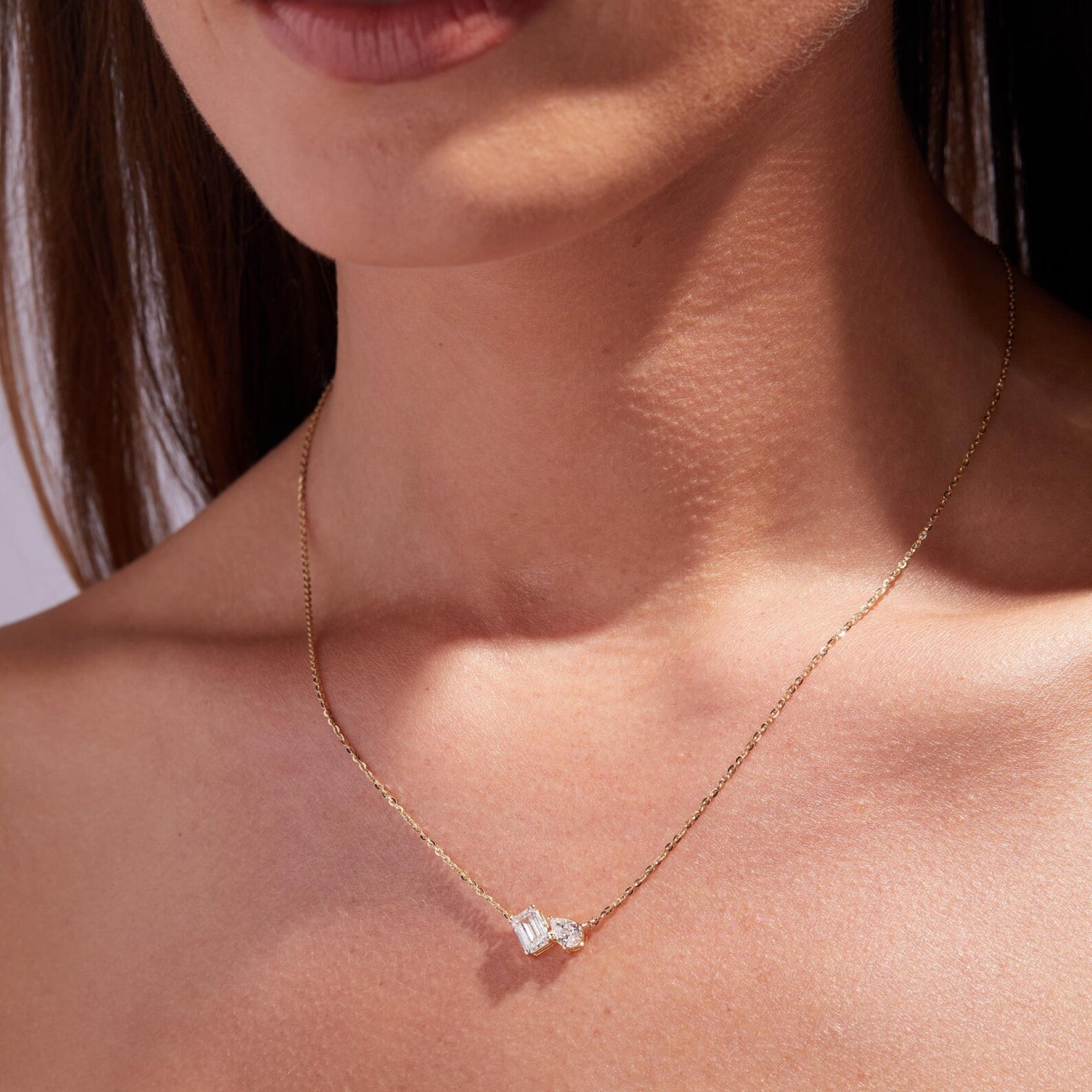 1.25 TCW Emerald and Pear Toi Et Moi Gold Necklace, Two Stone Lab Diamond Pendant