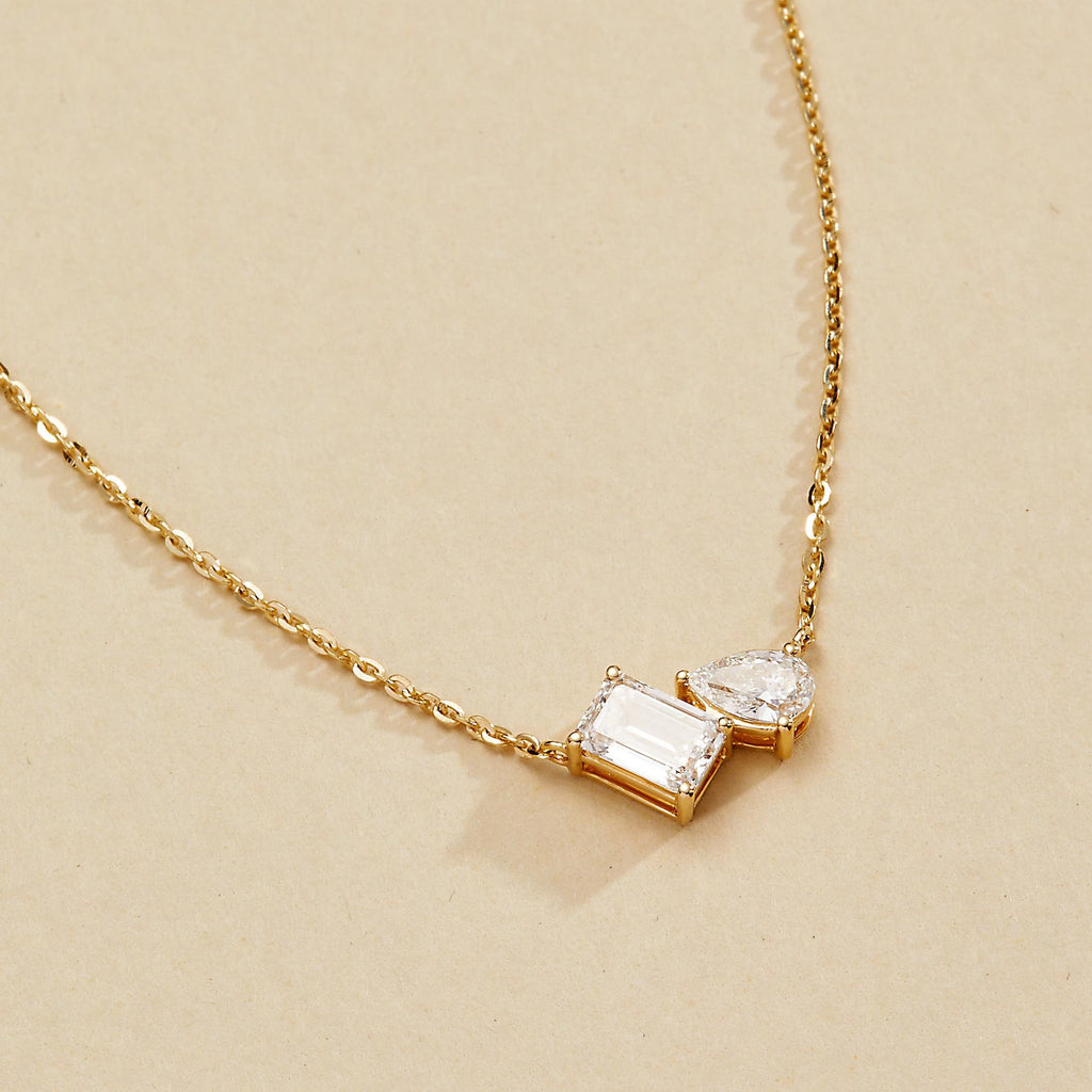 1.25 TCW Emerald and Pear Moissanite Toi Et Moi Gold Necklace, Two Stone Diamond Pendant