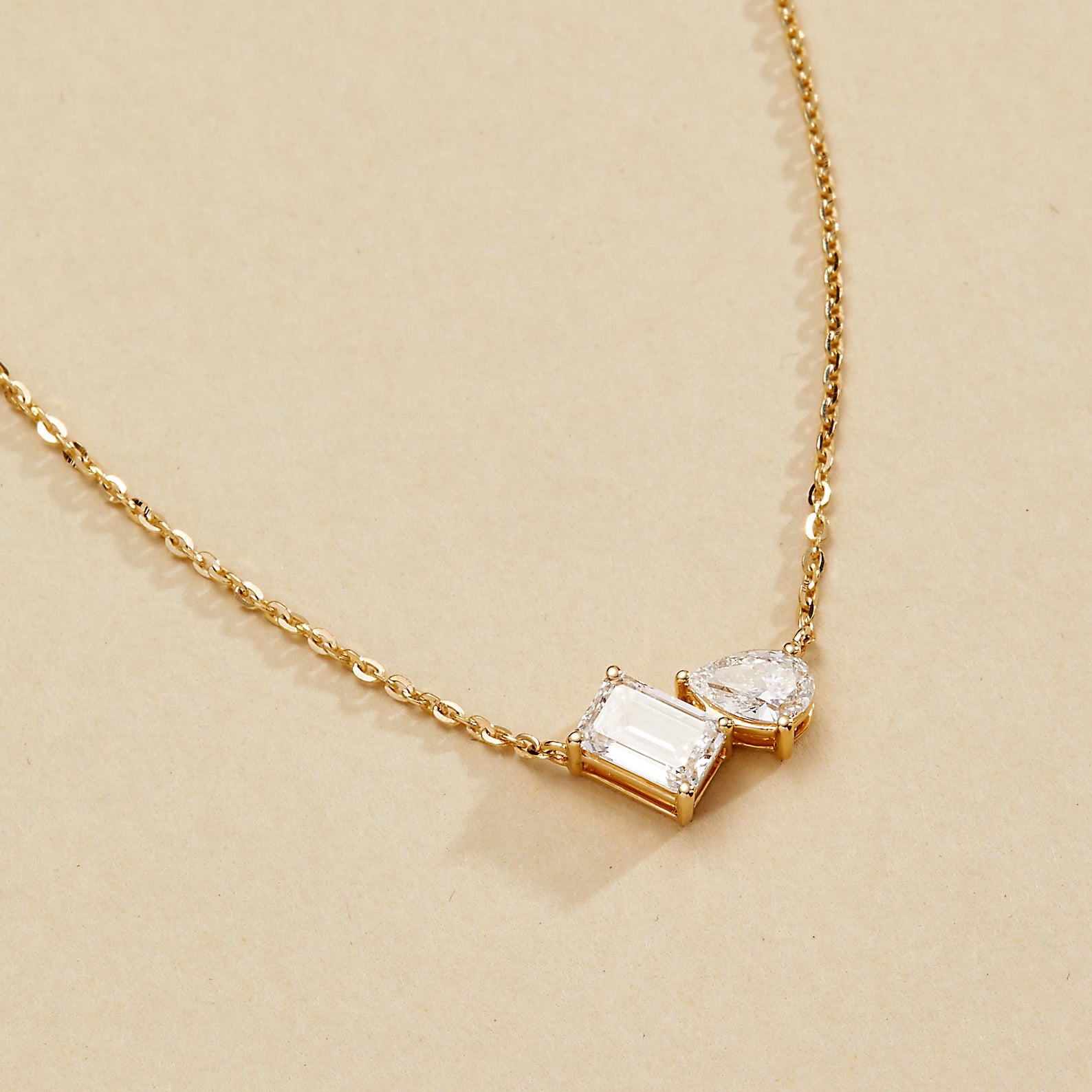 1.25 TCW Emerald and Pear Moissanite Toi Et Moi Gold Necklace, Two Stone Diamond Pendant