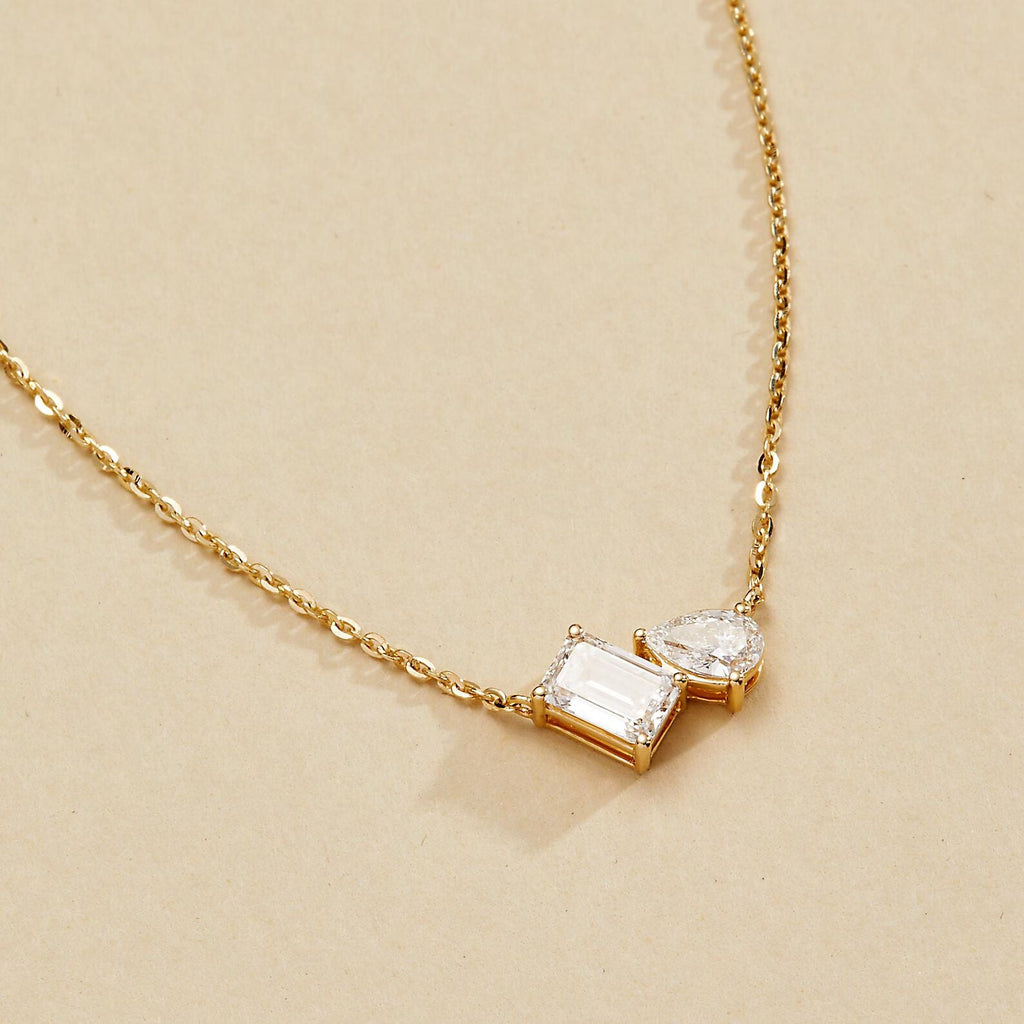 1.25 TCW Emerald and Pear Moissanite Toi Et Moi Gold Necklace, Two Stone Diamond Pendant