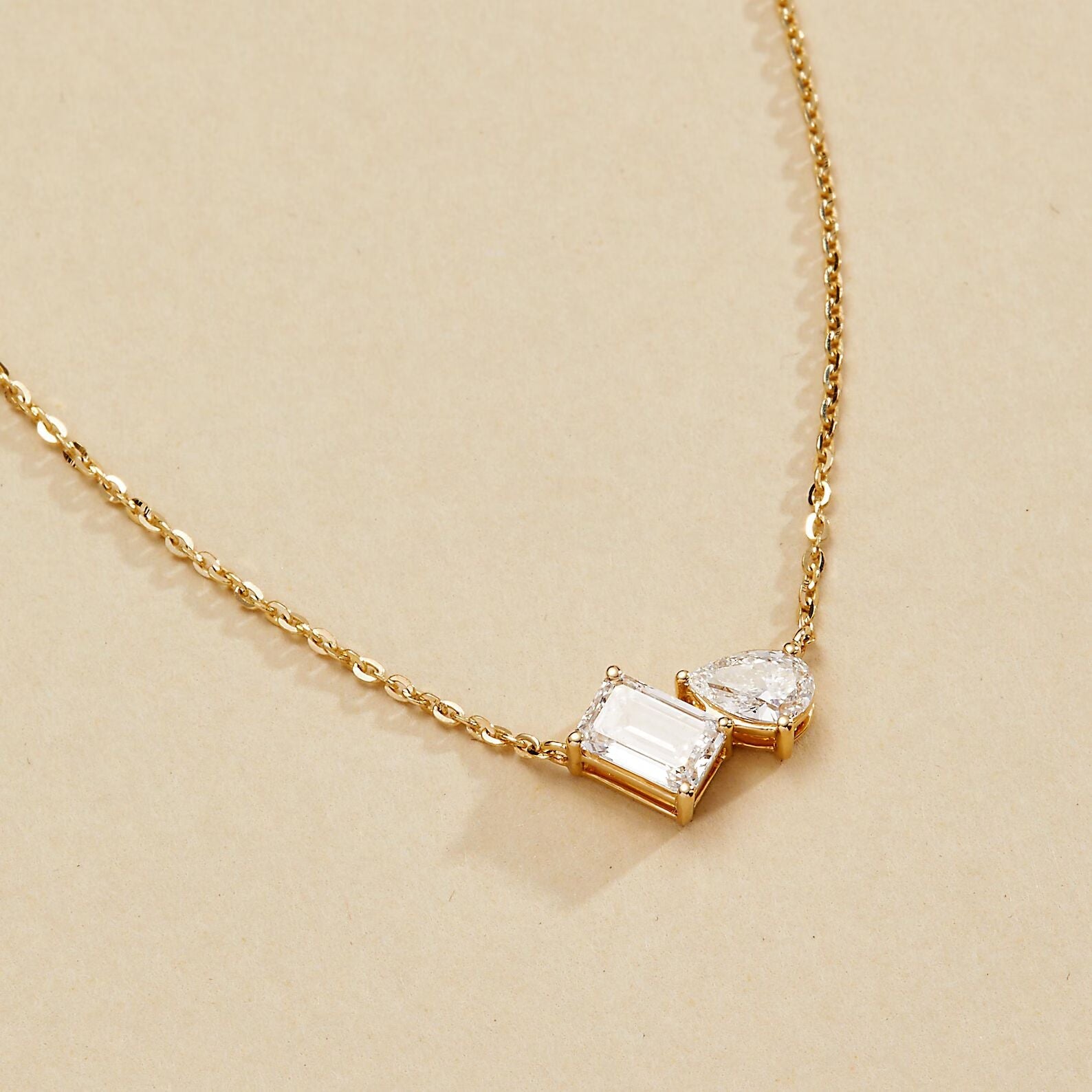 1.25 TCW Emerald and Pear Moissanite Toi Et Moi Gold Necklace, Two Stone Diamond Pendant