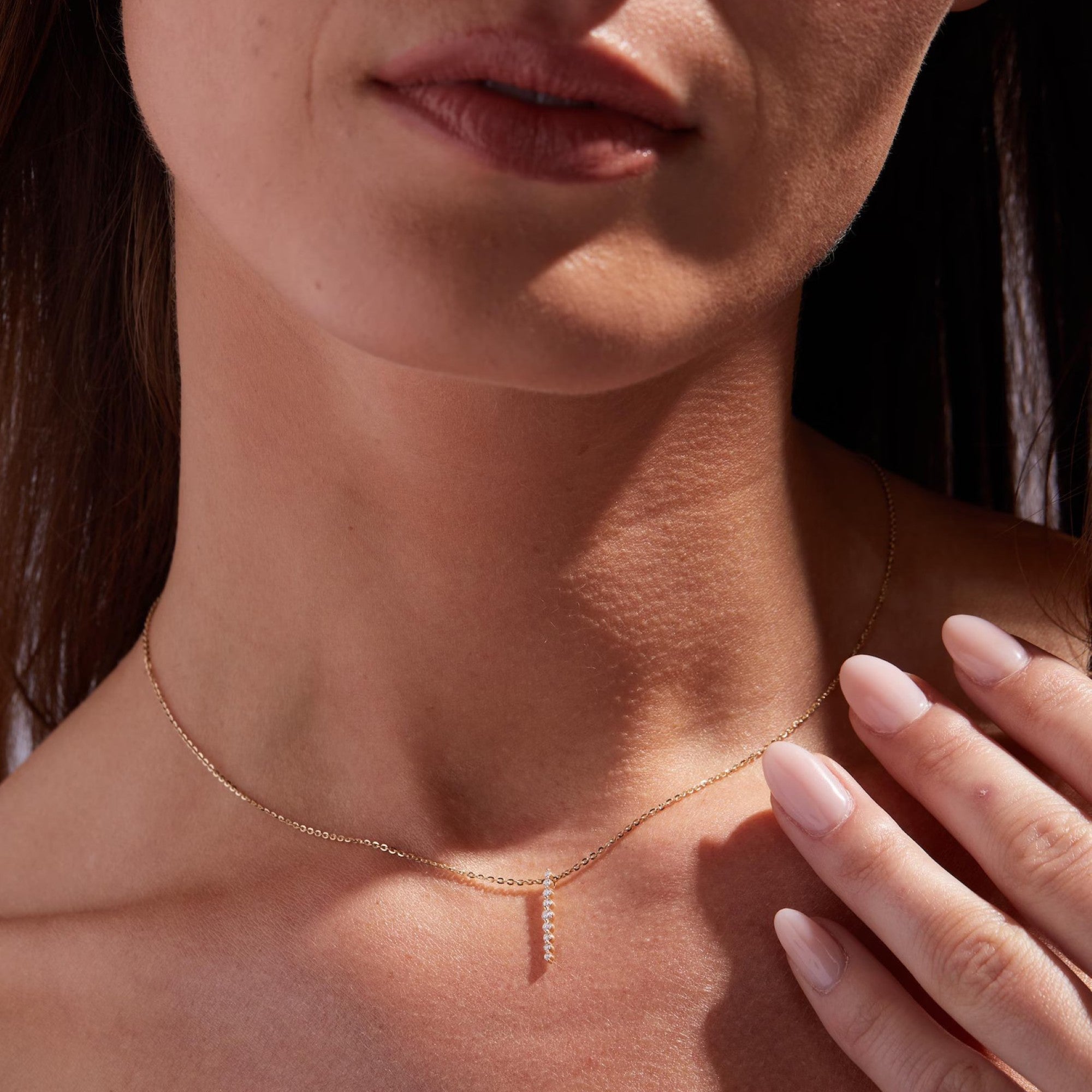 0.20 TCW Round Moissanite Diamond Gold Necklace, Dainty Vertical Pendant Jewelry Gift