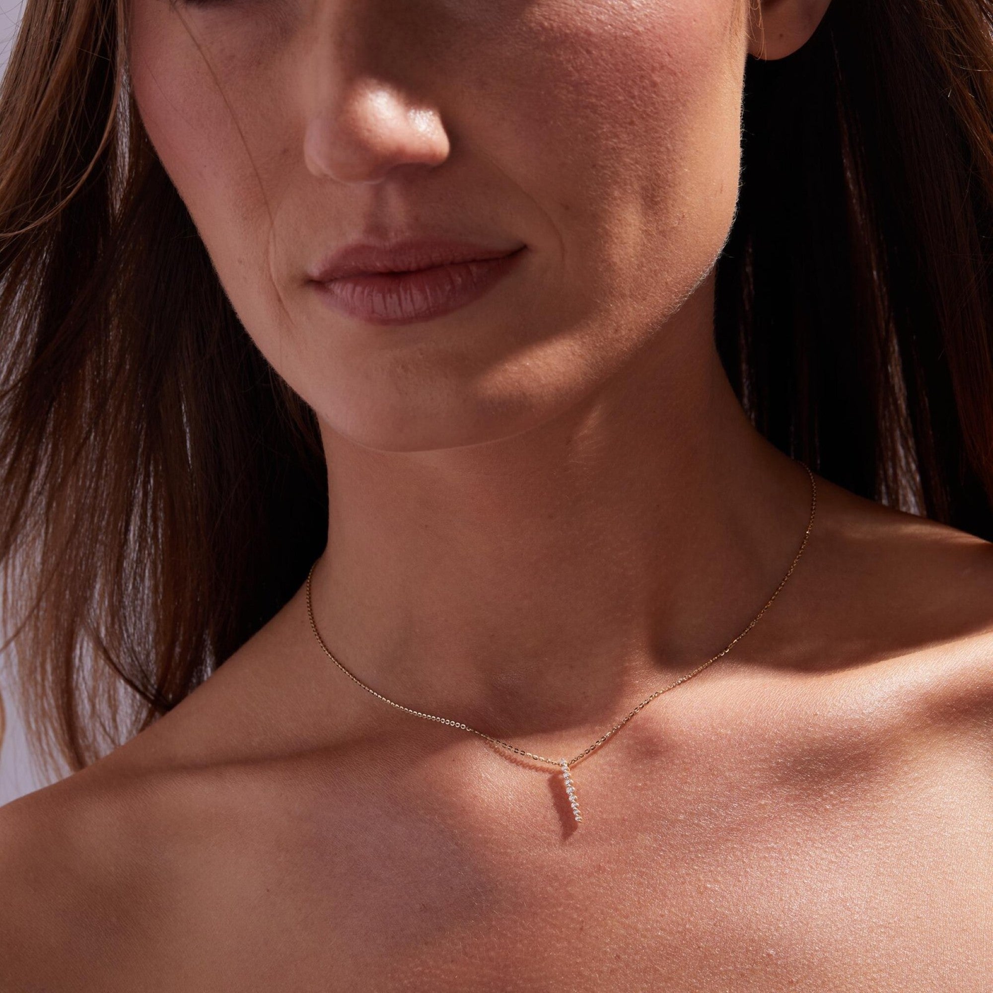 0.20 TCW Round Lab Grown Diamond Gold Necklace, Dainty Vertical Pendant Jewelry Gift